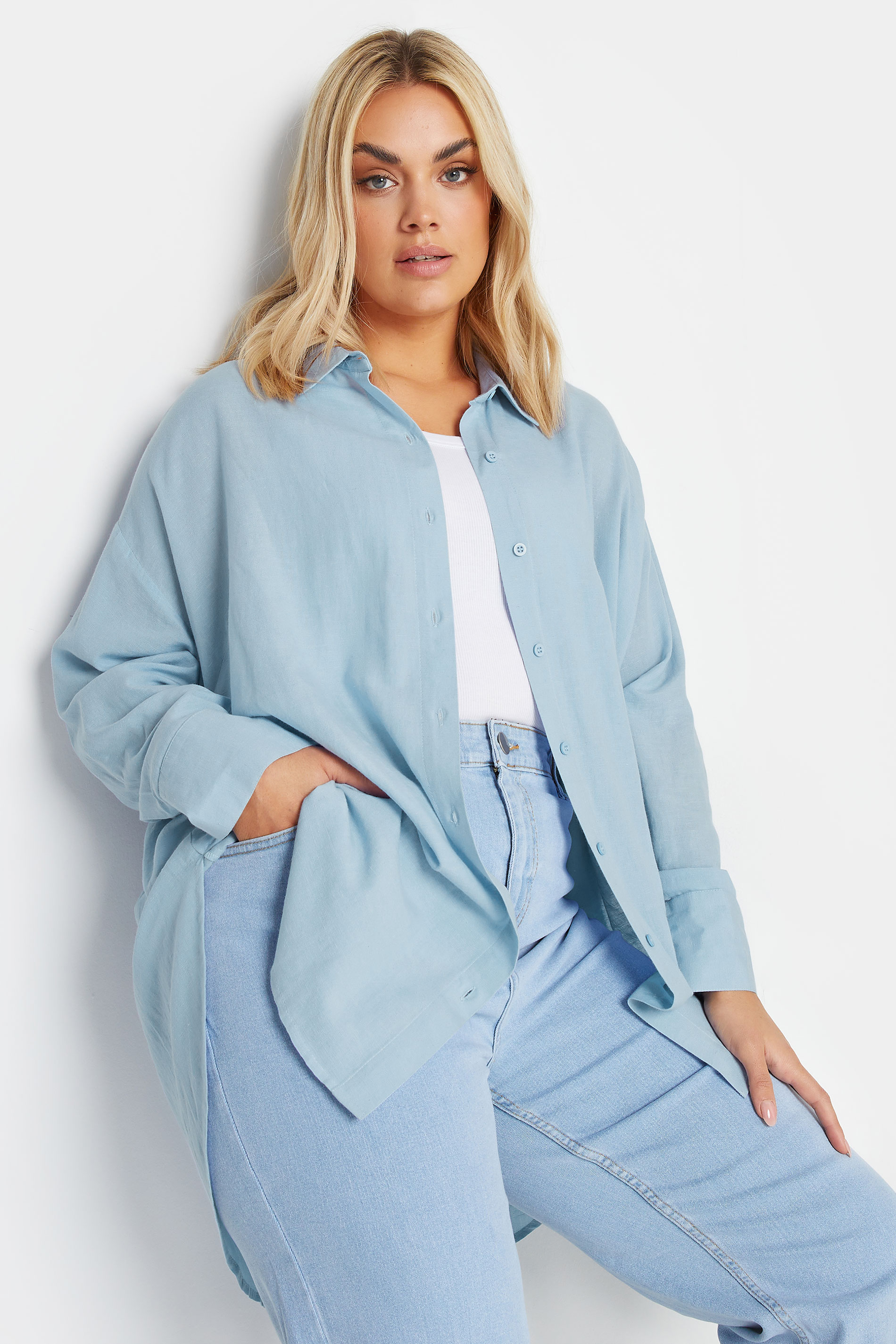 YOURS Plus Size Blue Dipped Hem Shirt | Yours Clothing 1
