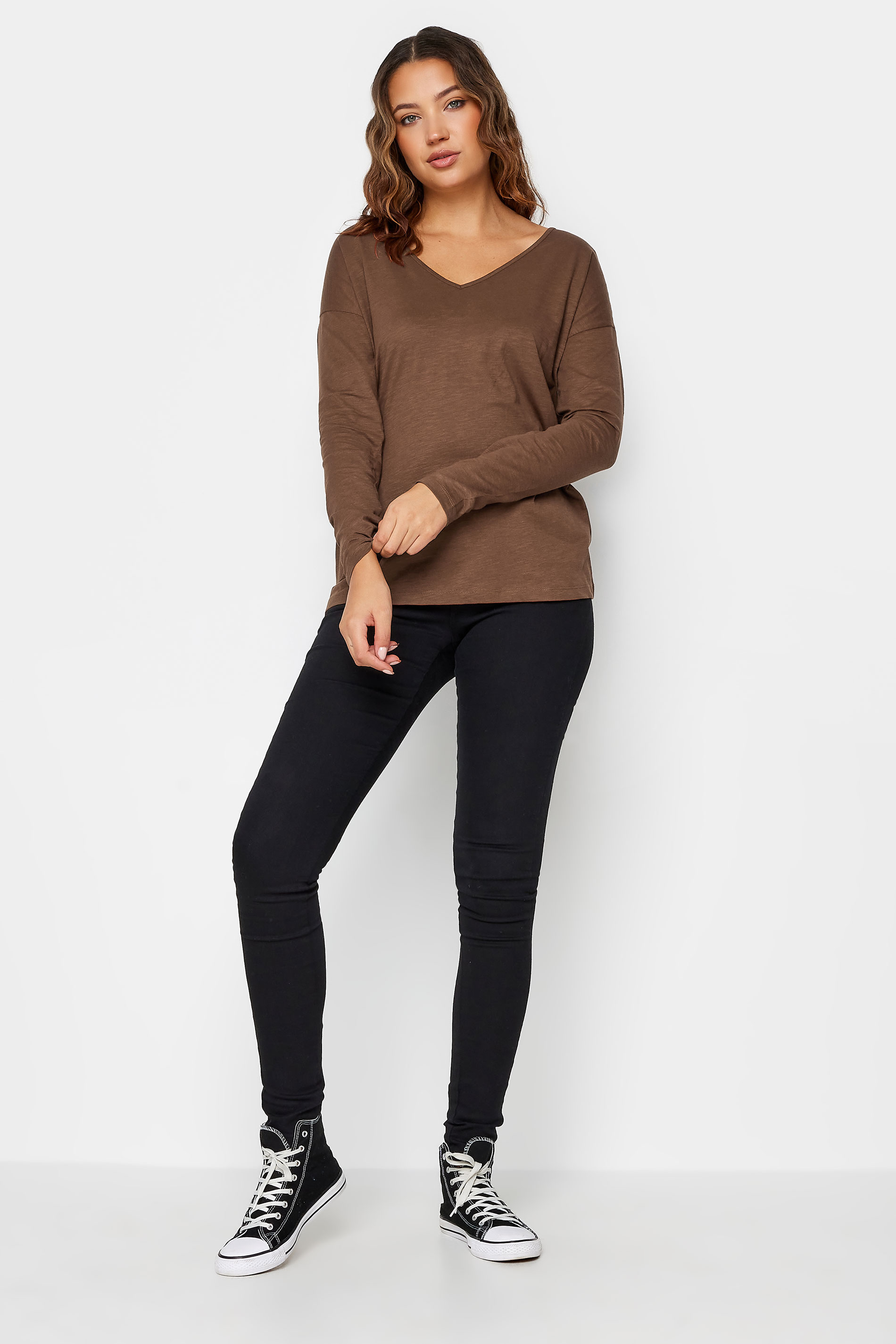 LTS Tall Brown V-Neck Long Sleeve Cotton T-Shirt | Long Tall Sally 2