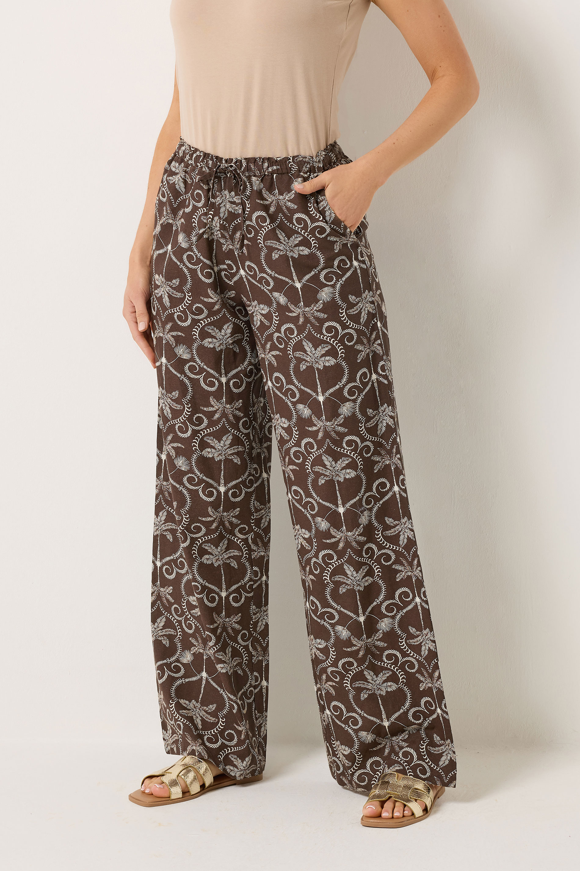 LTS Tall Women's Chocolate Brown Palm Print Wide Leg Linen Trousers | Long Tall Sally 1