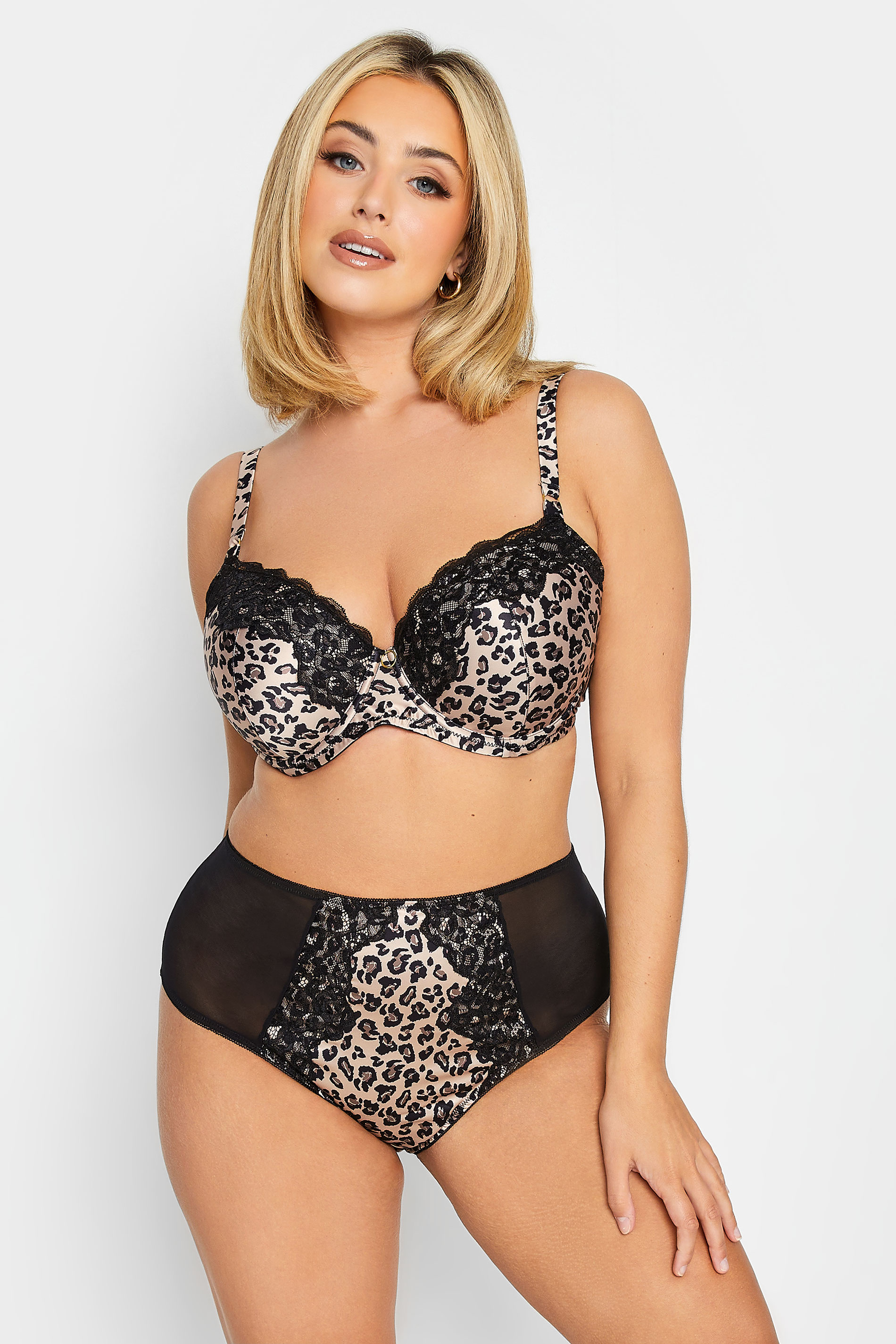 Plus Size Natural Brown Leopard Print Satin Padded T-Shirt Bra | Yours Clothing 2