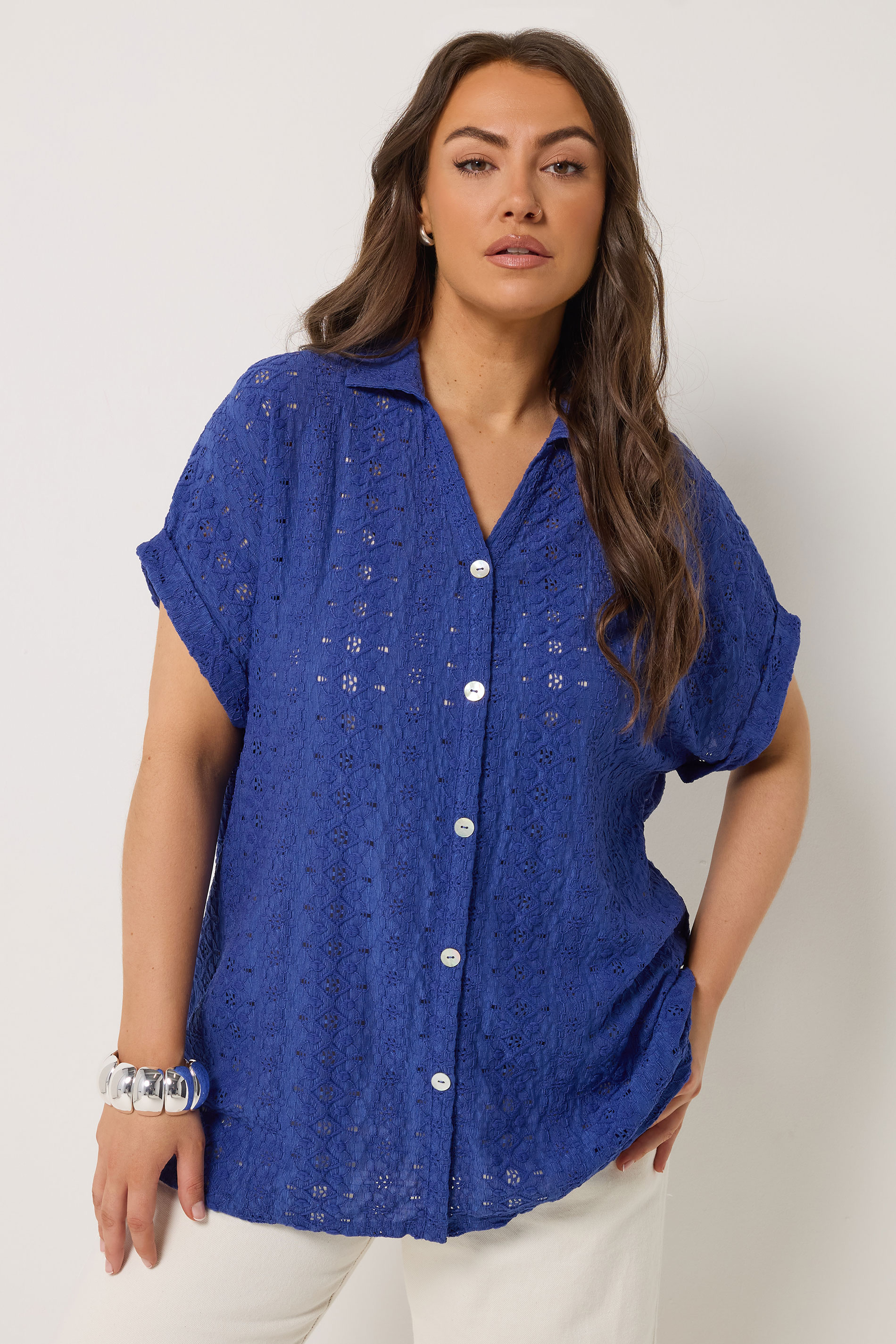 YOURS Plus Size Cobalt Broderie Anglaise Grown On Sleeve Shirt Yours 