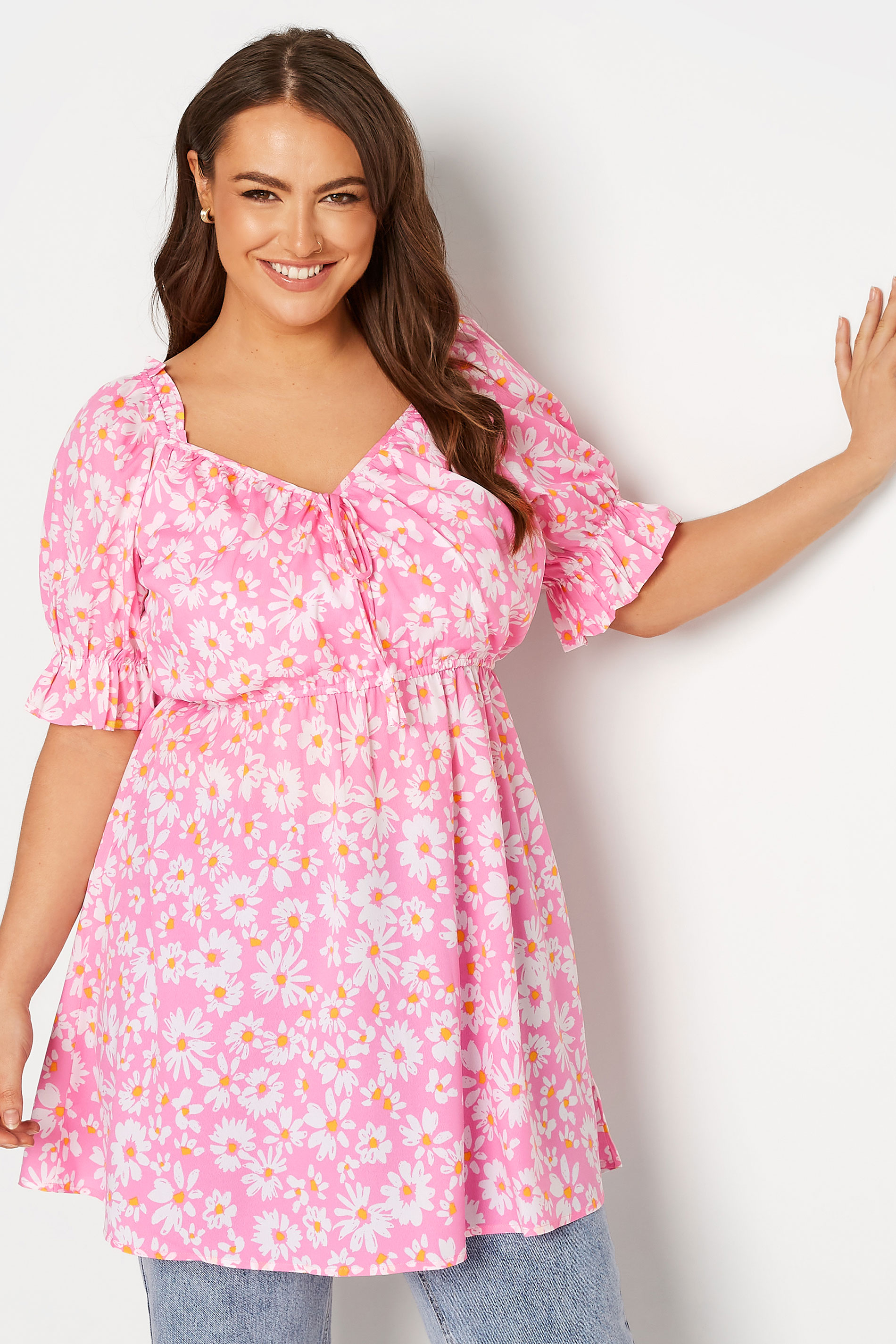 Curve Pink Daisy Puff Sleeve Tunic Top 1