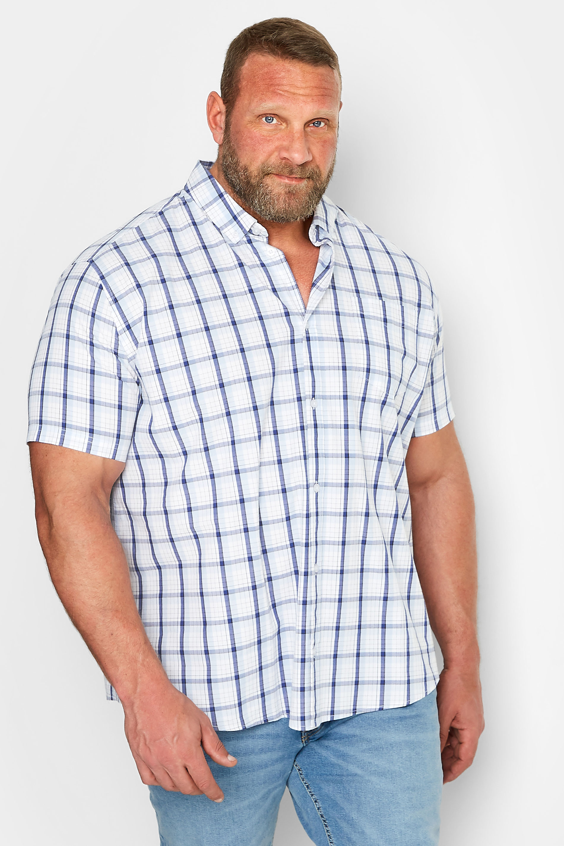 BadRhino Big & Tall Plus Size Mens White Check Short Sleeve Shirt | BadRhino  1