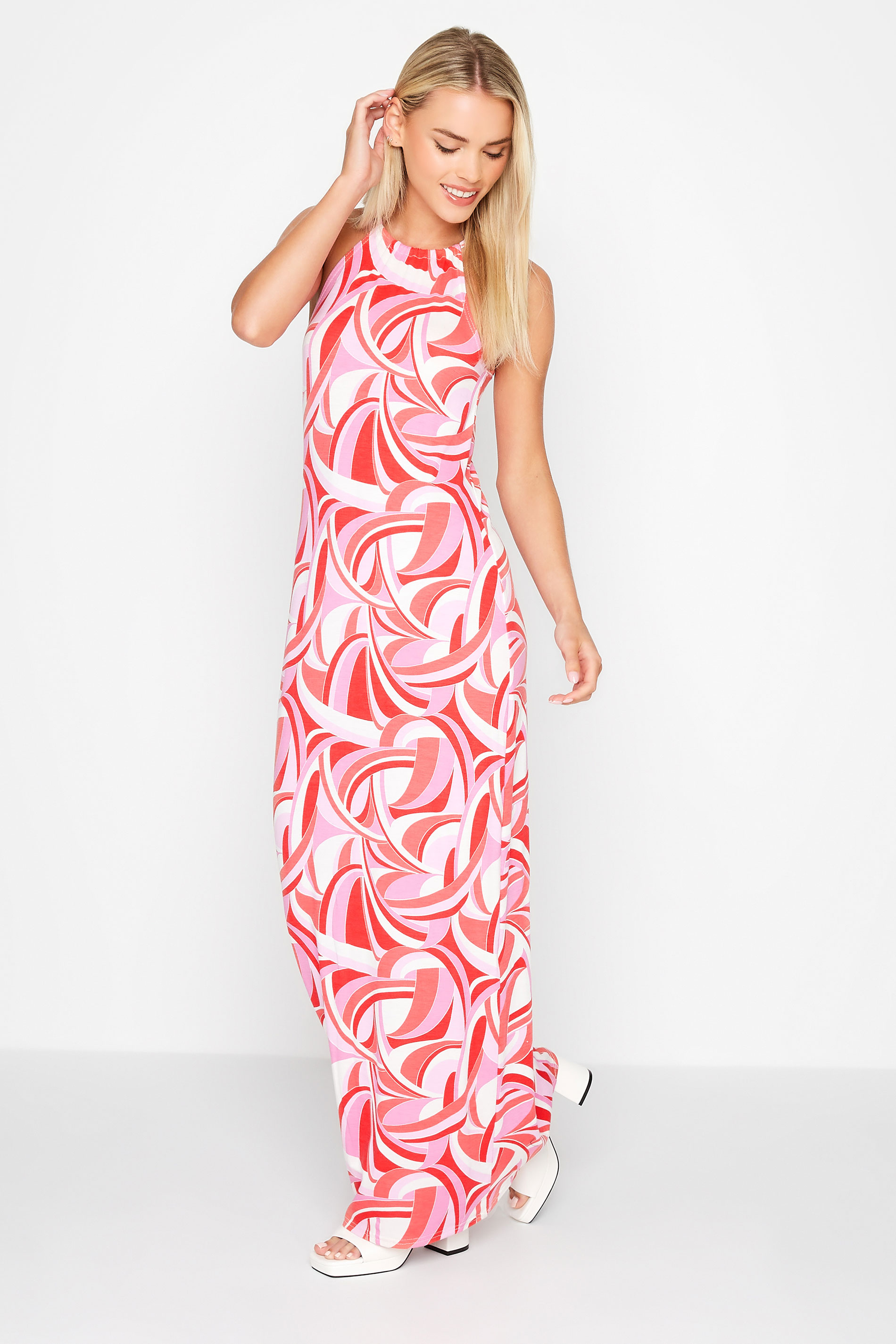 Petite Pink Swirl Print Halter Neck Maxi Dress | PixieGirl 1