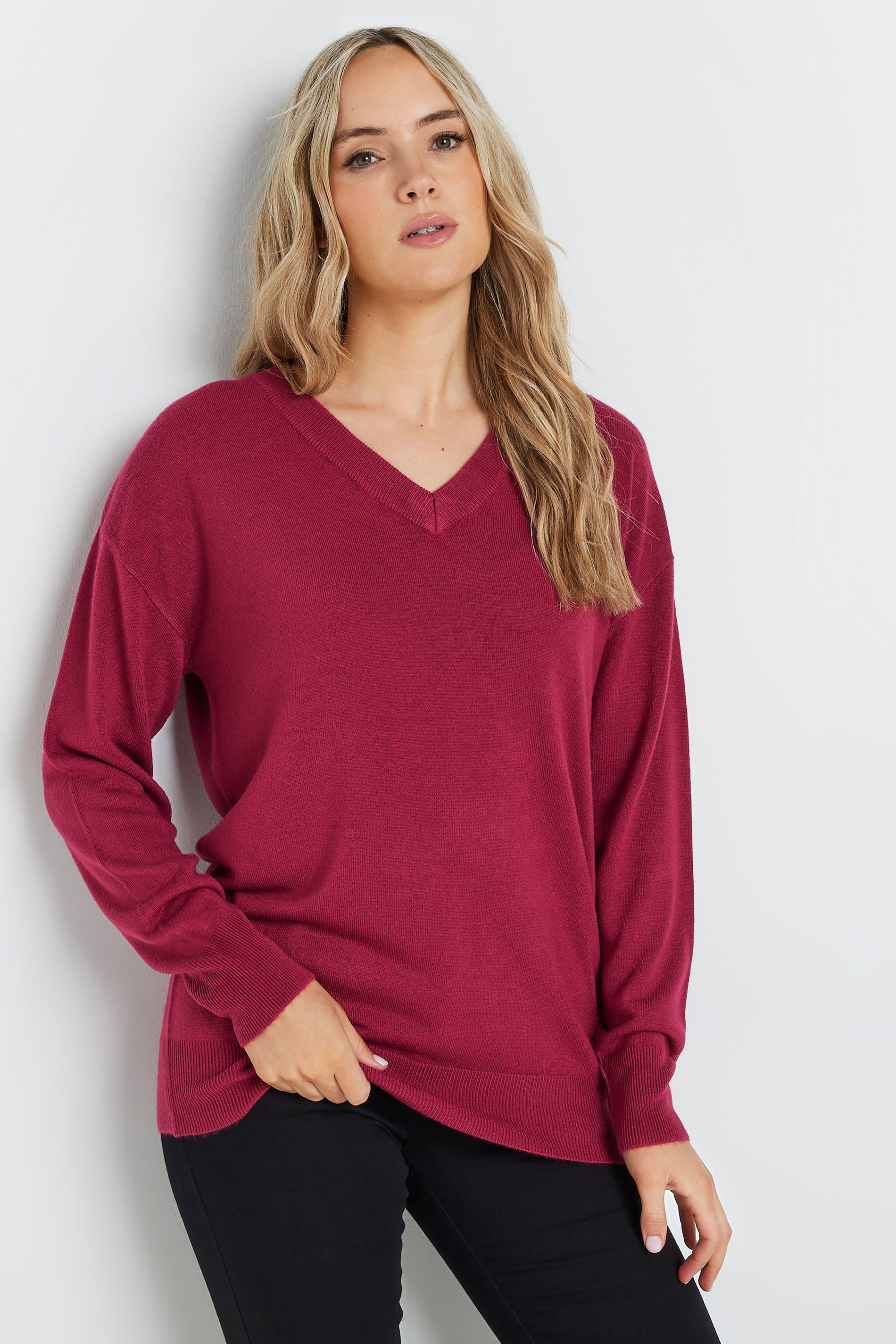 LTS Tall Red Long Sleeve V-Neck Jumper | Long Tall Sally 3