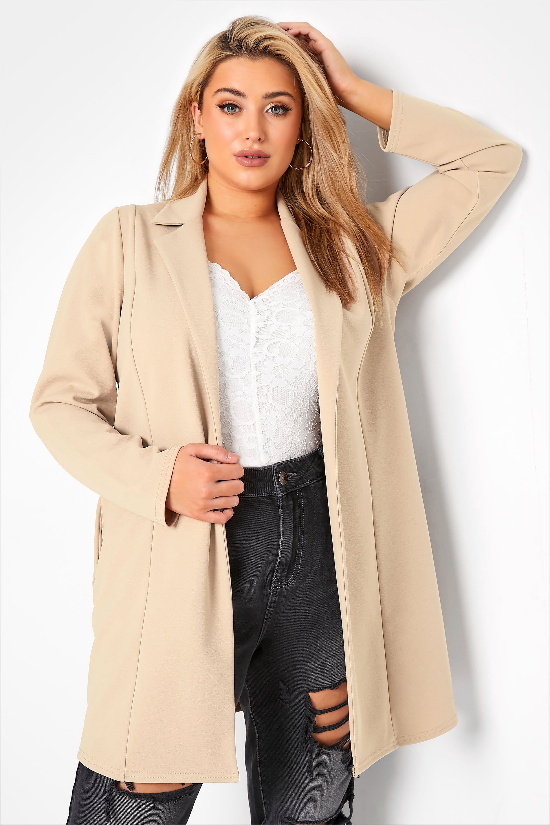 YOURS Curve Plus Size Beige Brown Longline Blazer | Yours Clothing  1