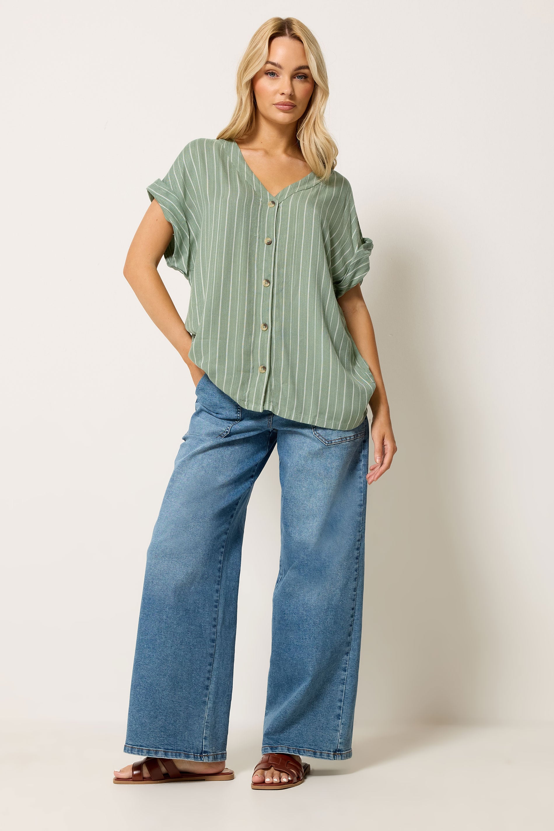 M&Co Green Stripe Print Short Sleeve Blouse | M&Co 1