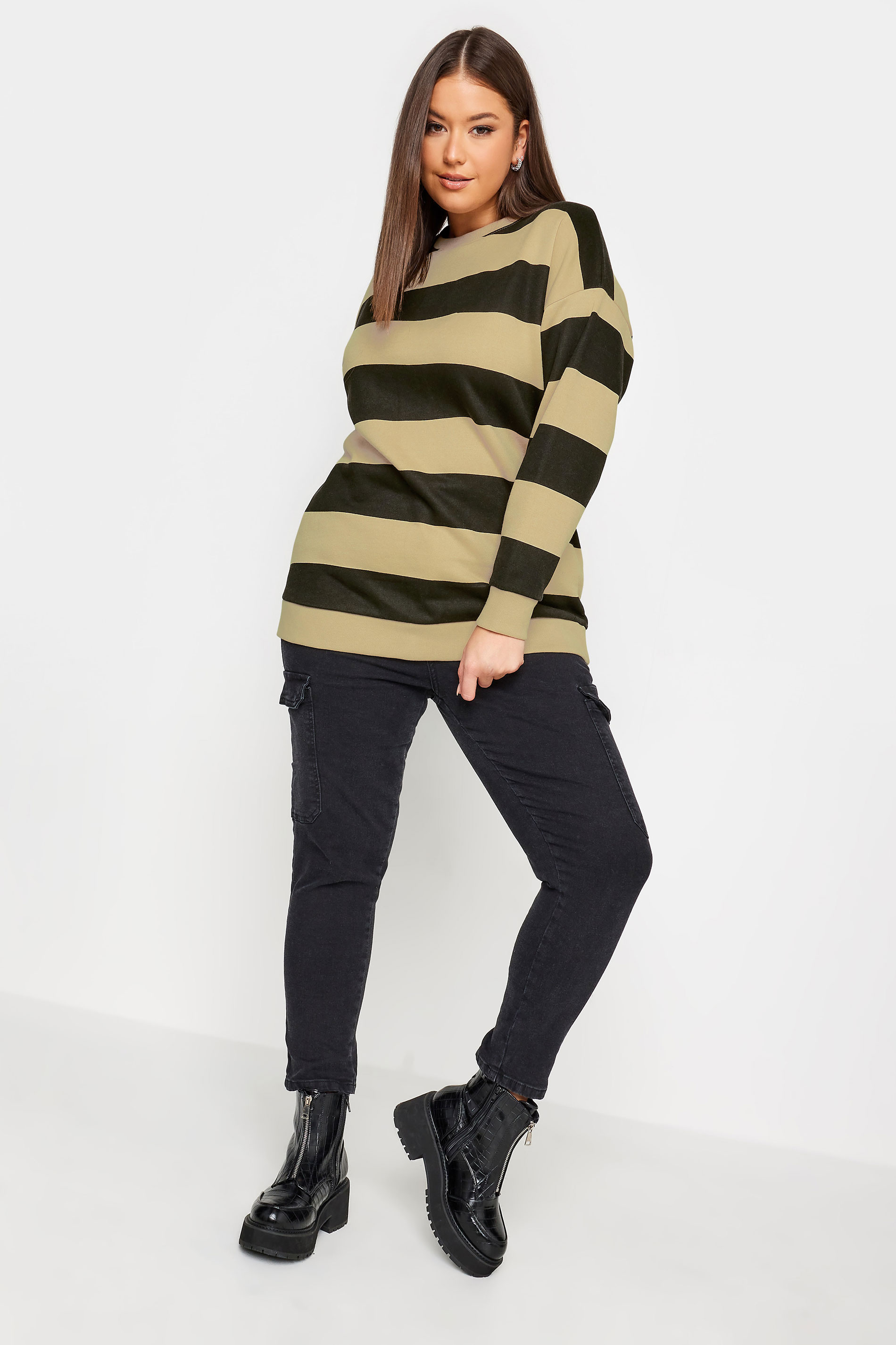 YOURS Plus Size Stone Brown Stripe Sweatshirt | Yours Clothing 2