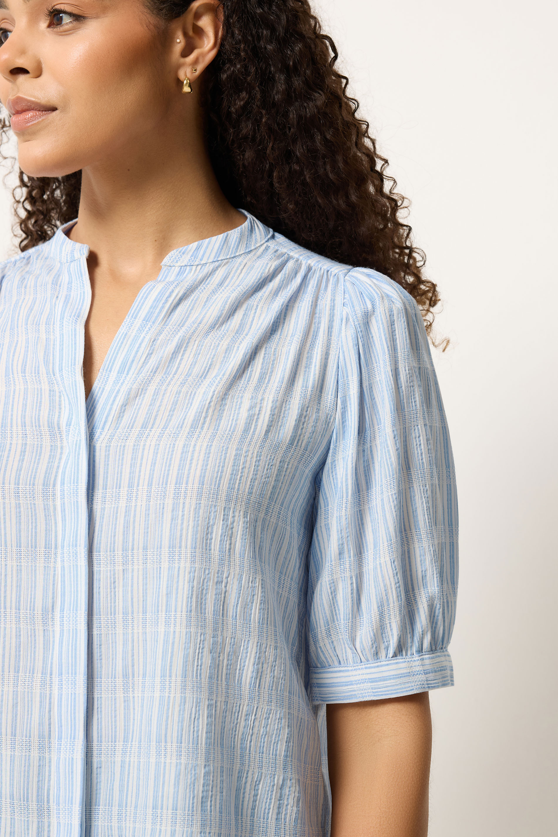 M&Co Blue Stripe Short Puff Sleeve Blouse | M&Co 4