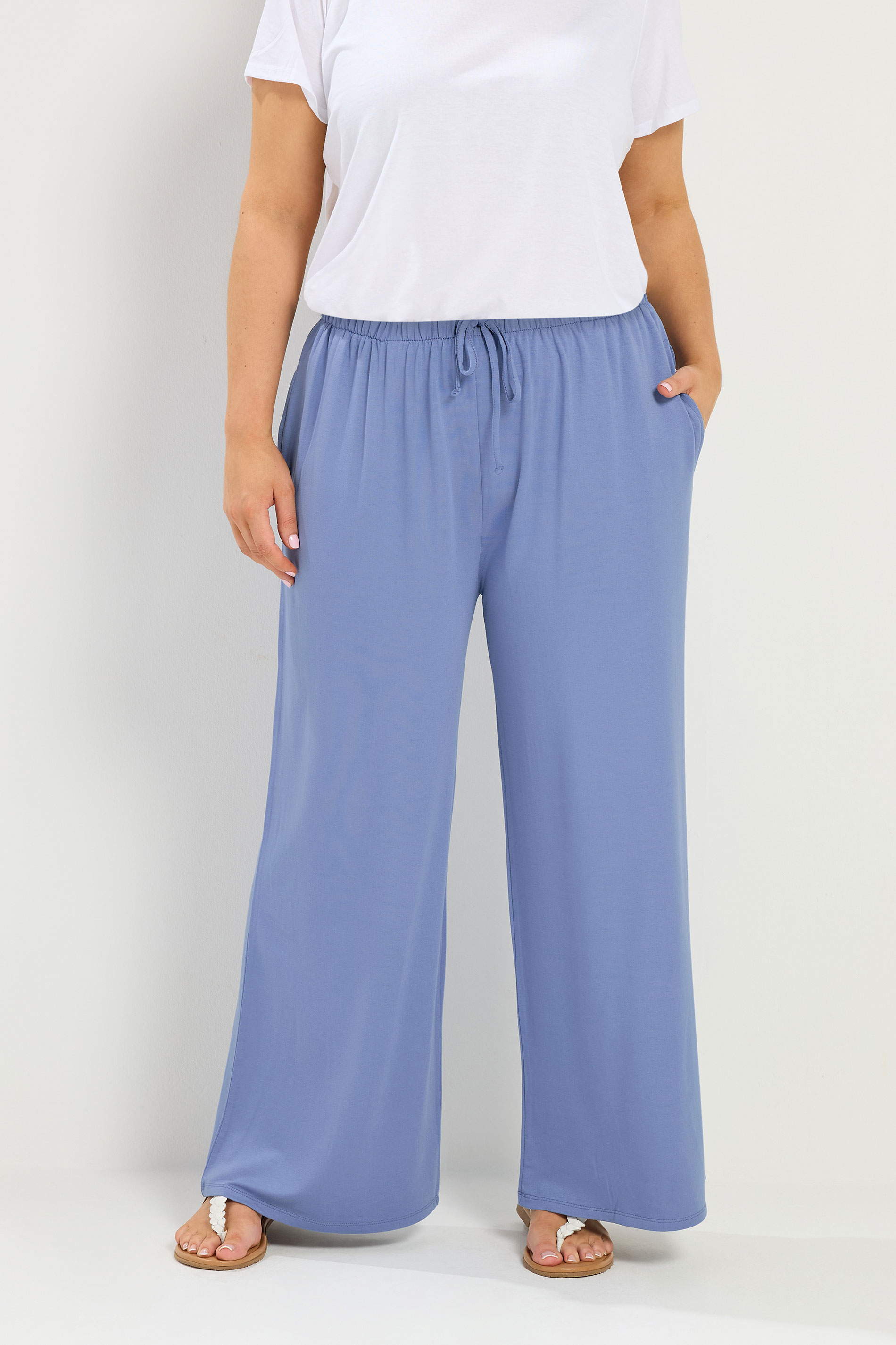 YOURS Plus Size Blue Soft Touch Wide Leg Trousers | Yours Clothing 3