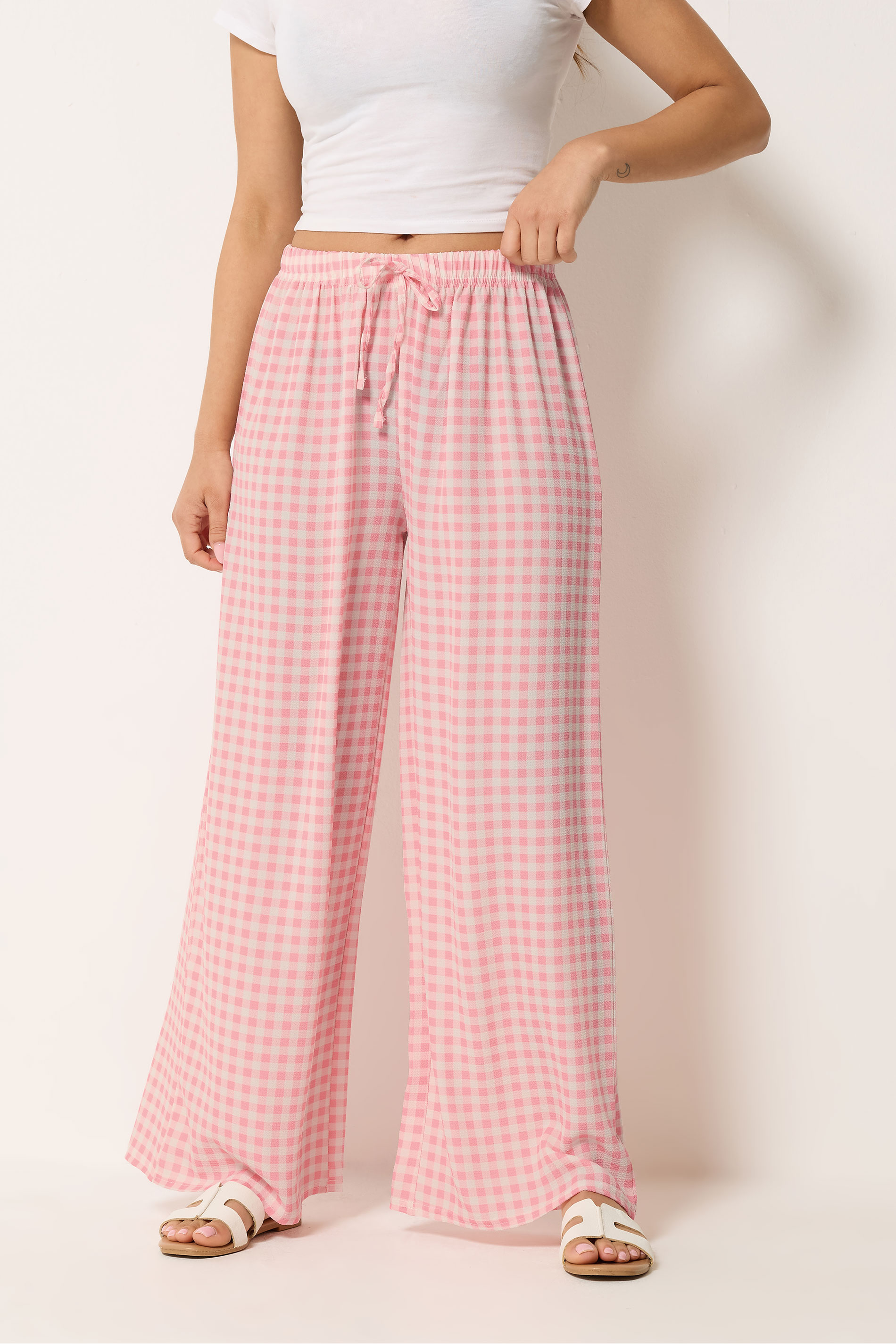 PixieGirl Petite Women's Pink Gingham Wide Leg Trousers | PixieGirl 1