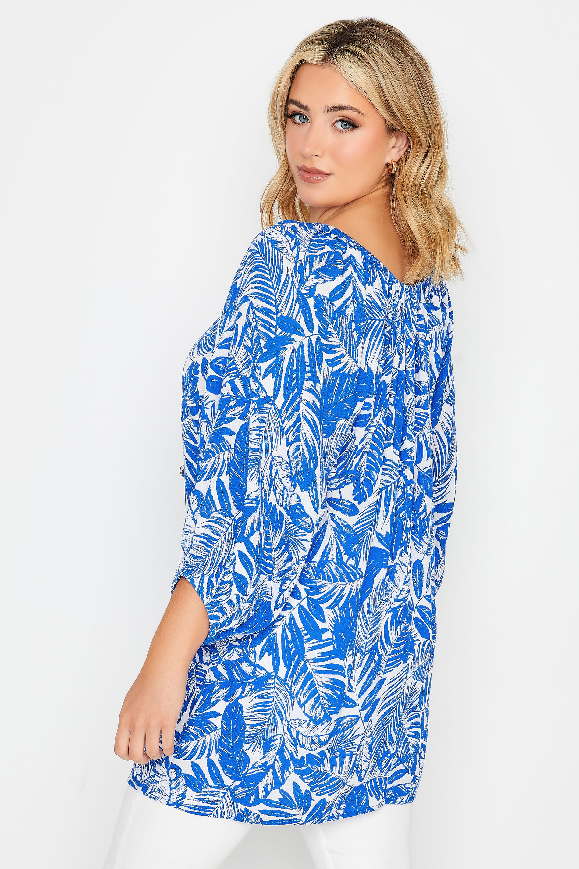YOURS Plus Size Blue Leaf Print Tie Neck Top | Yours Clothing 3