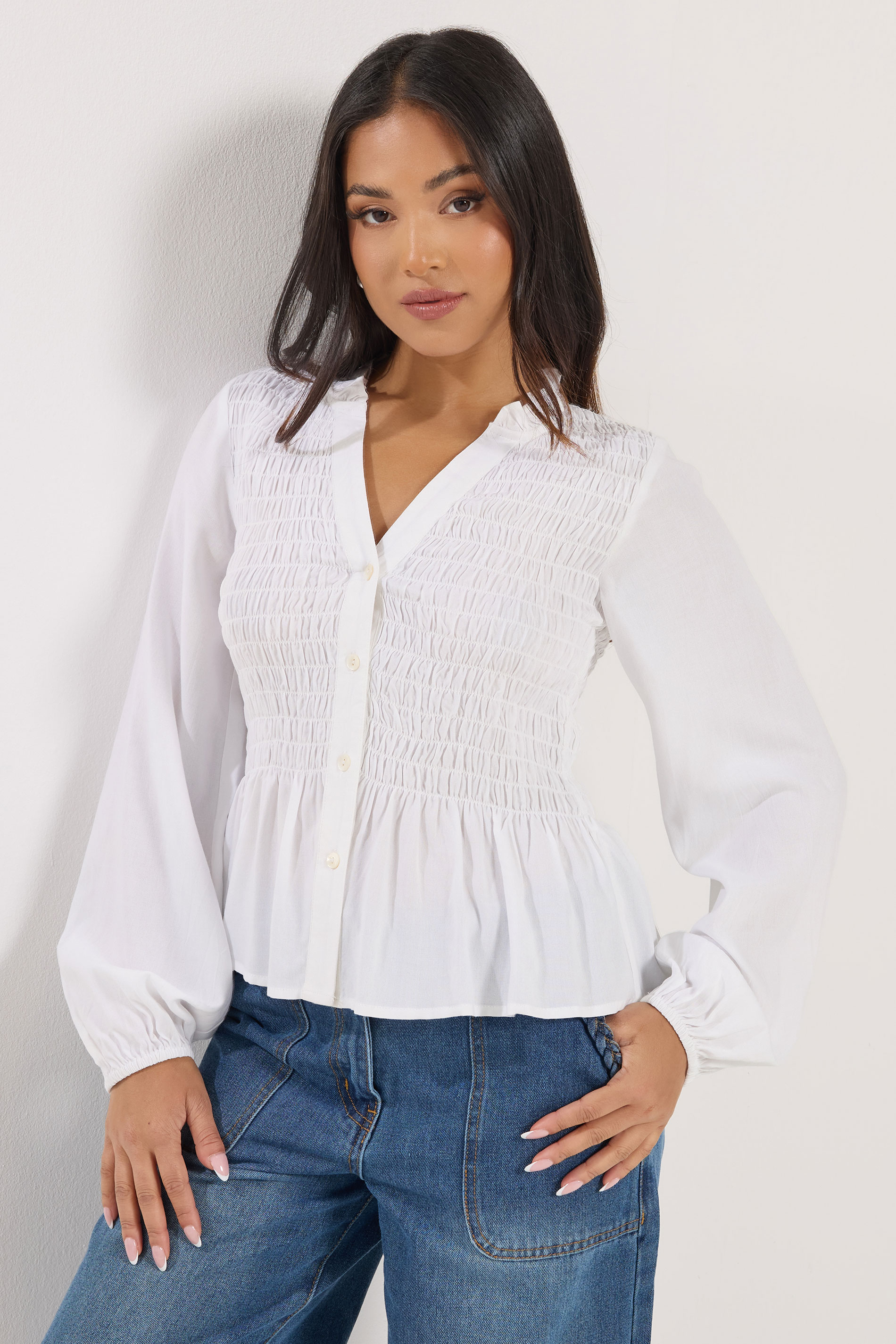 PixieGirl Petite Women's White Shirred Long Sleeve Shirt | PixieGirl 1