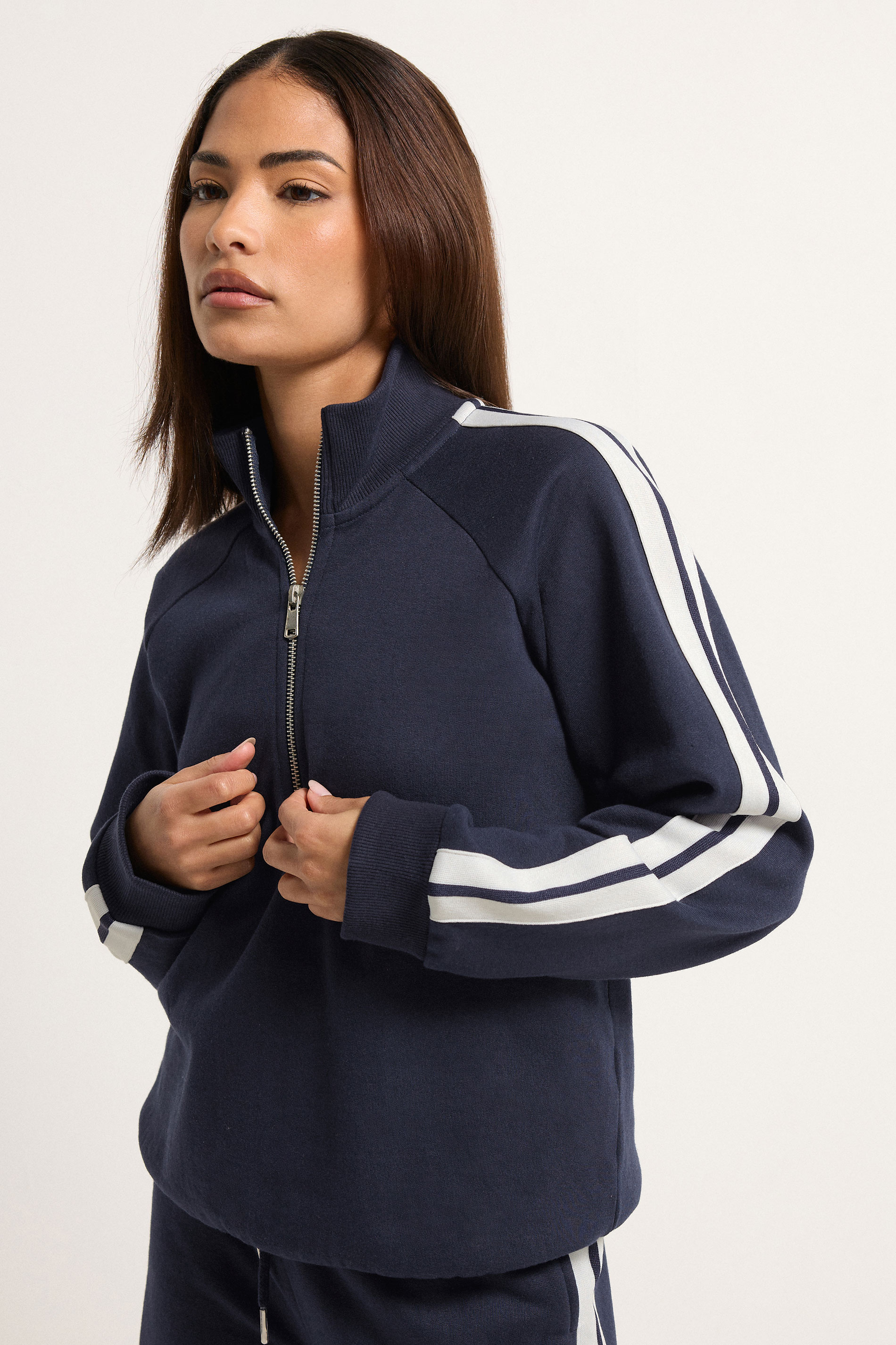 PixieGirl Petite Women's Navy Blue Stripe Quarter Zip Sweatshirt | PixieGirl 3