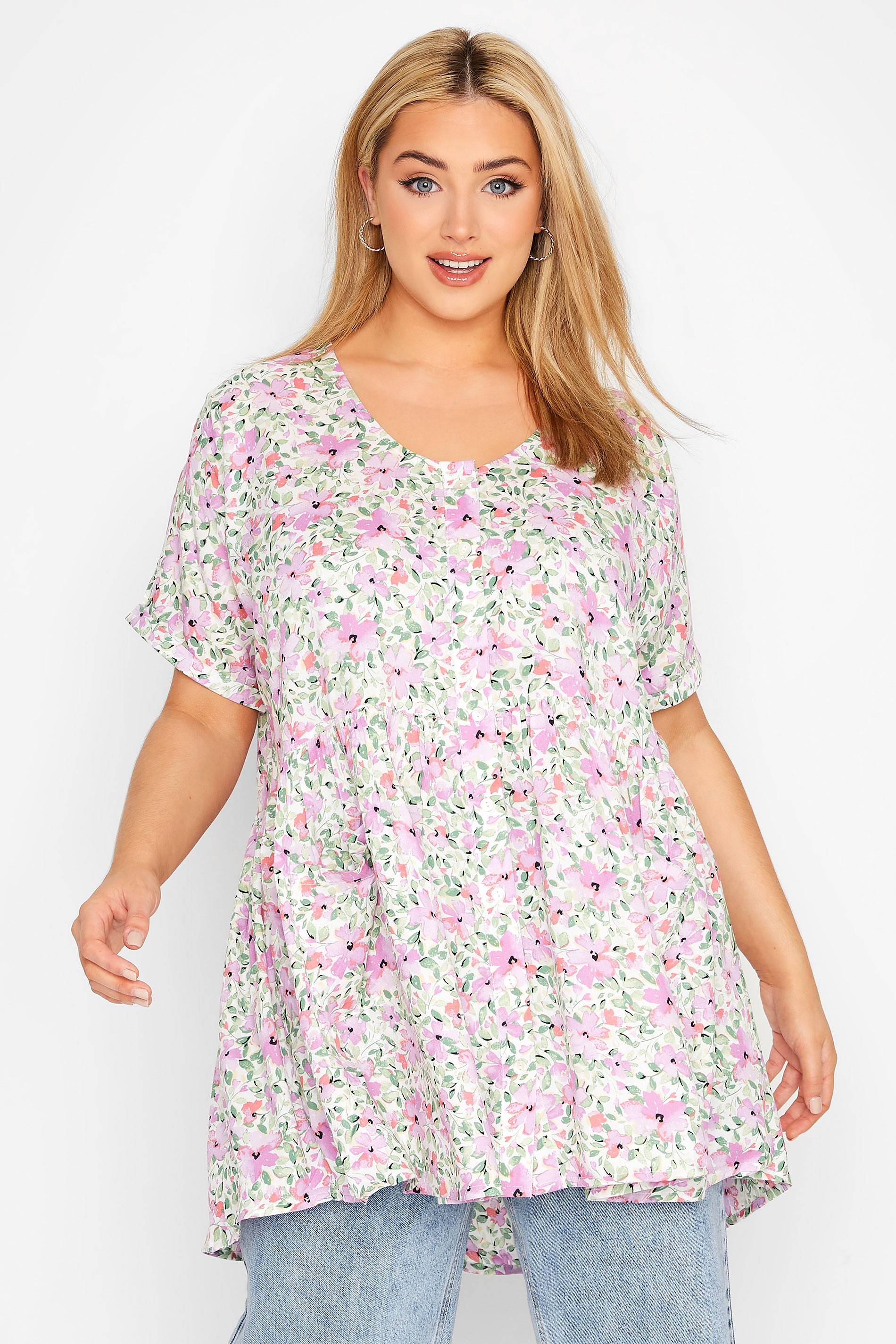 Plus Size White Floral Drop Pocket Peplum Top | Yours Clothing 1