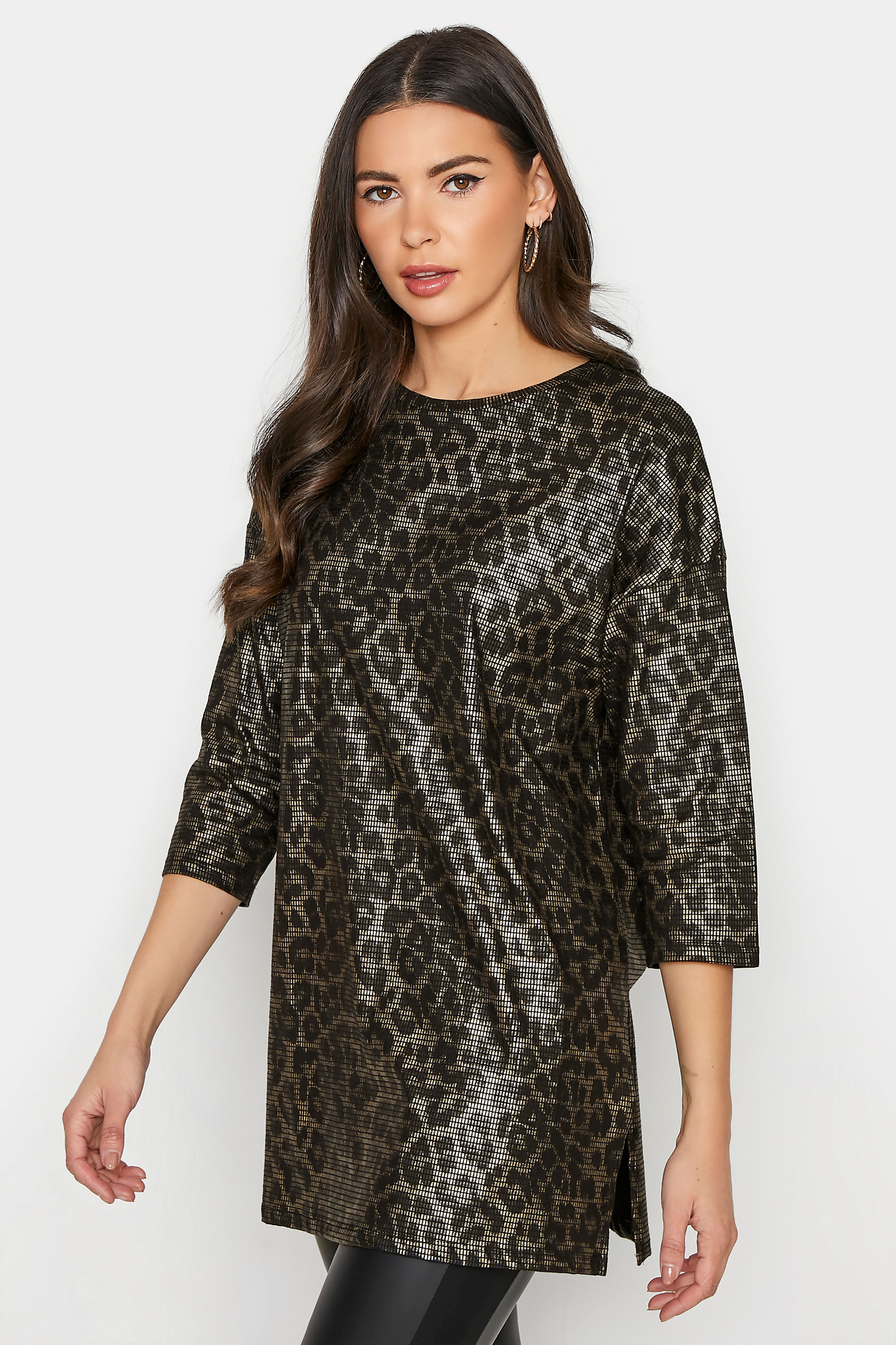 Tall Women's LTS Black Leopard Foil Print T-Shirt | Long Tall Sally 1