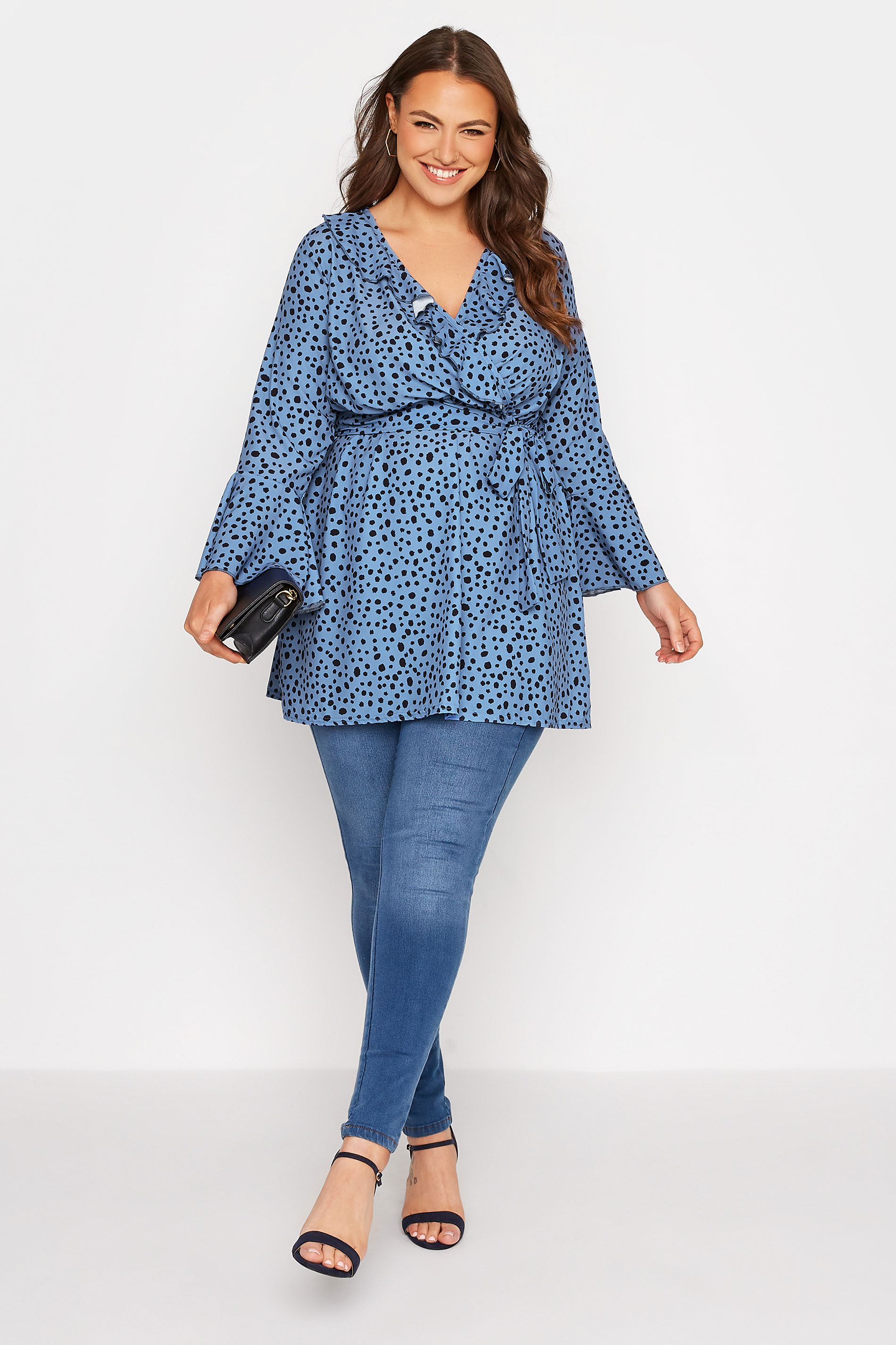 YOURS LONDON Plus Size Blue Dalmatian Ruffle Wrap Top | Yours Clothing 2