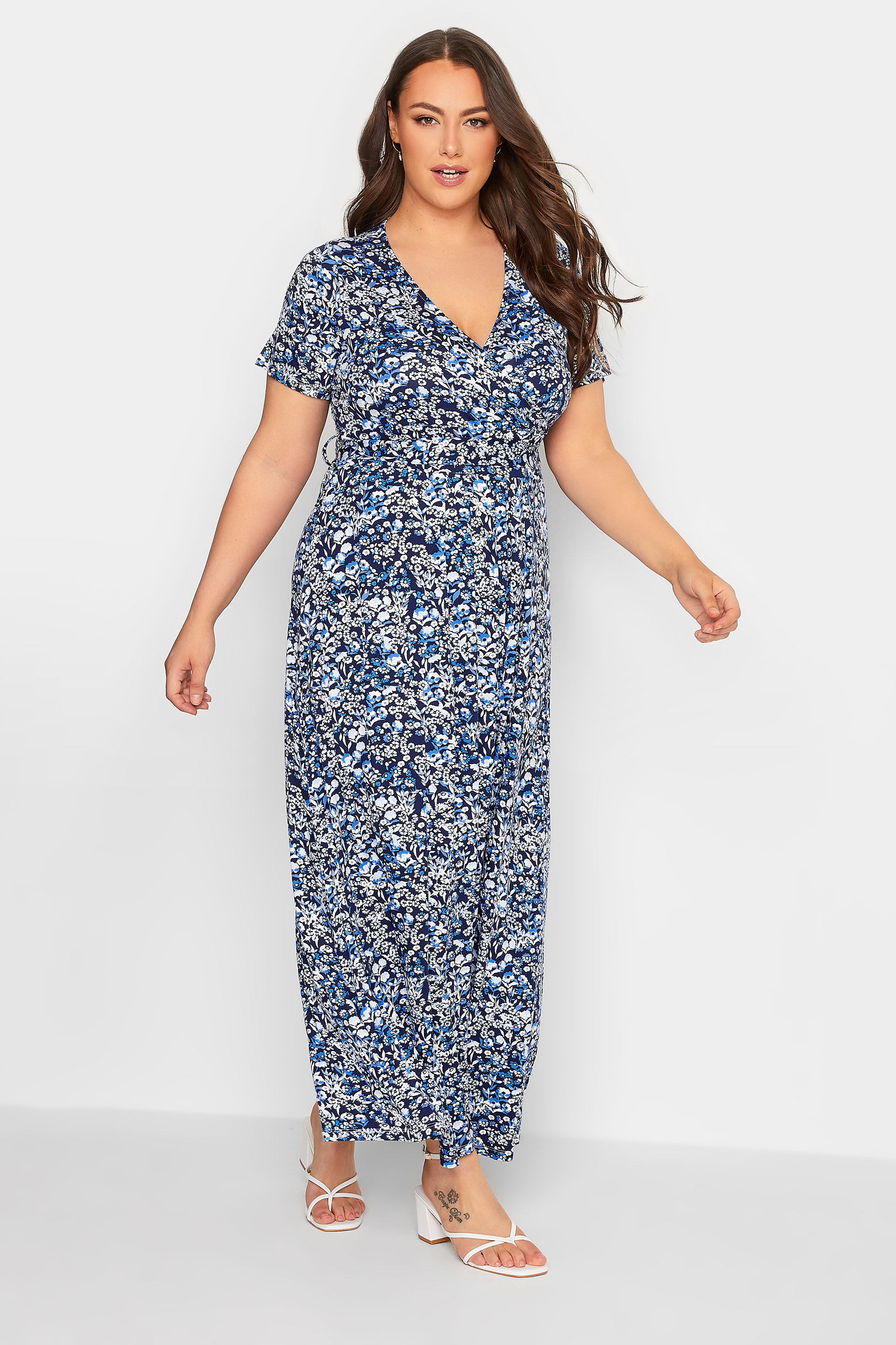 YOURS Curve Plus Size Black & Blue Ditsy Floral Wrap Dress | Yours Clothing  1