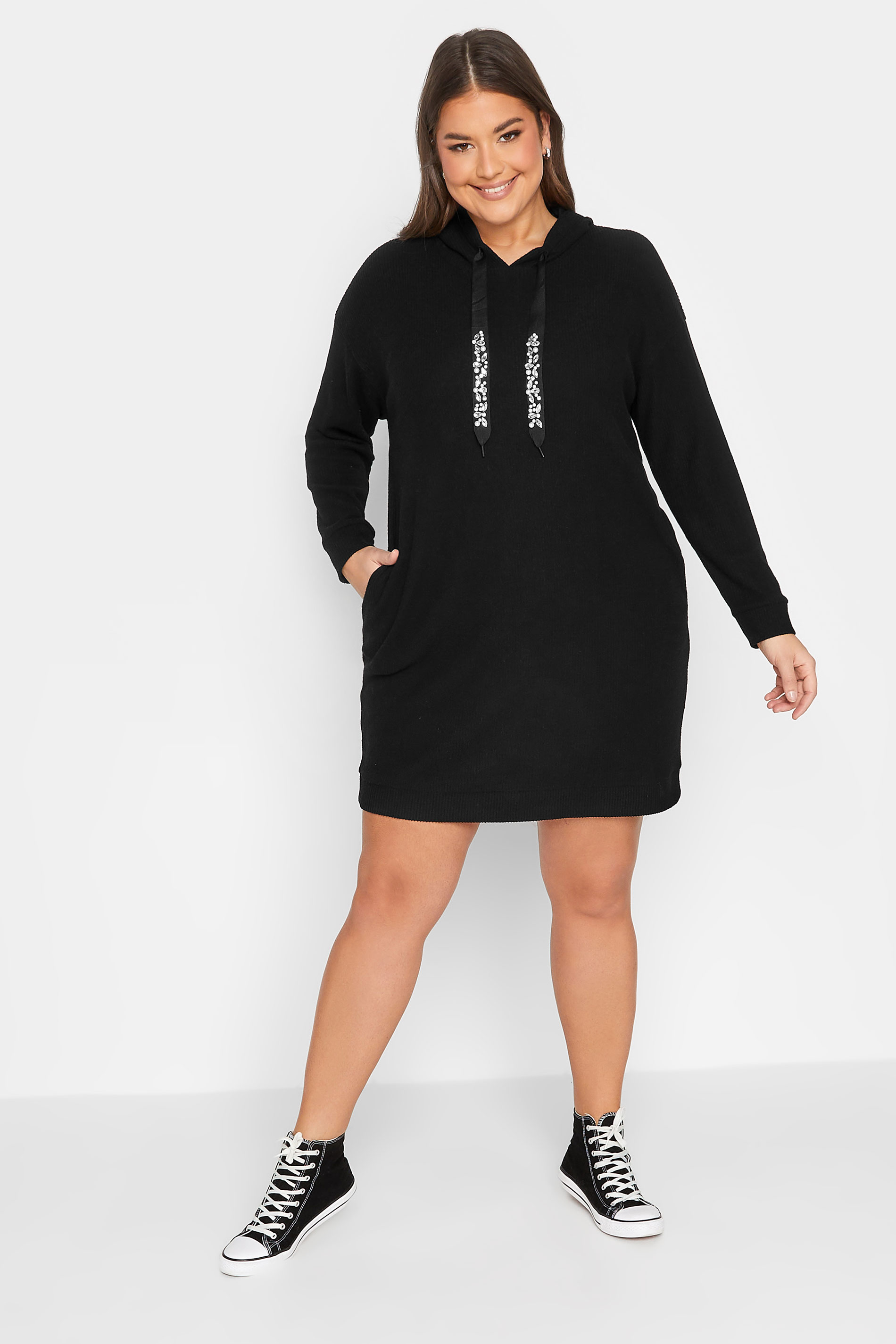 YOURS Plus Size LUXURY Curve Black Sequin Embellished Drawstrings Ribbed Hoodie | Yours Clothing  2