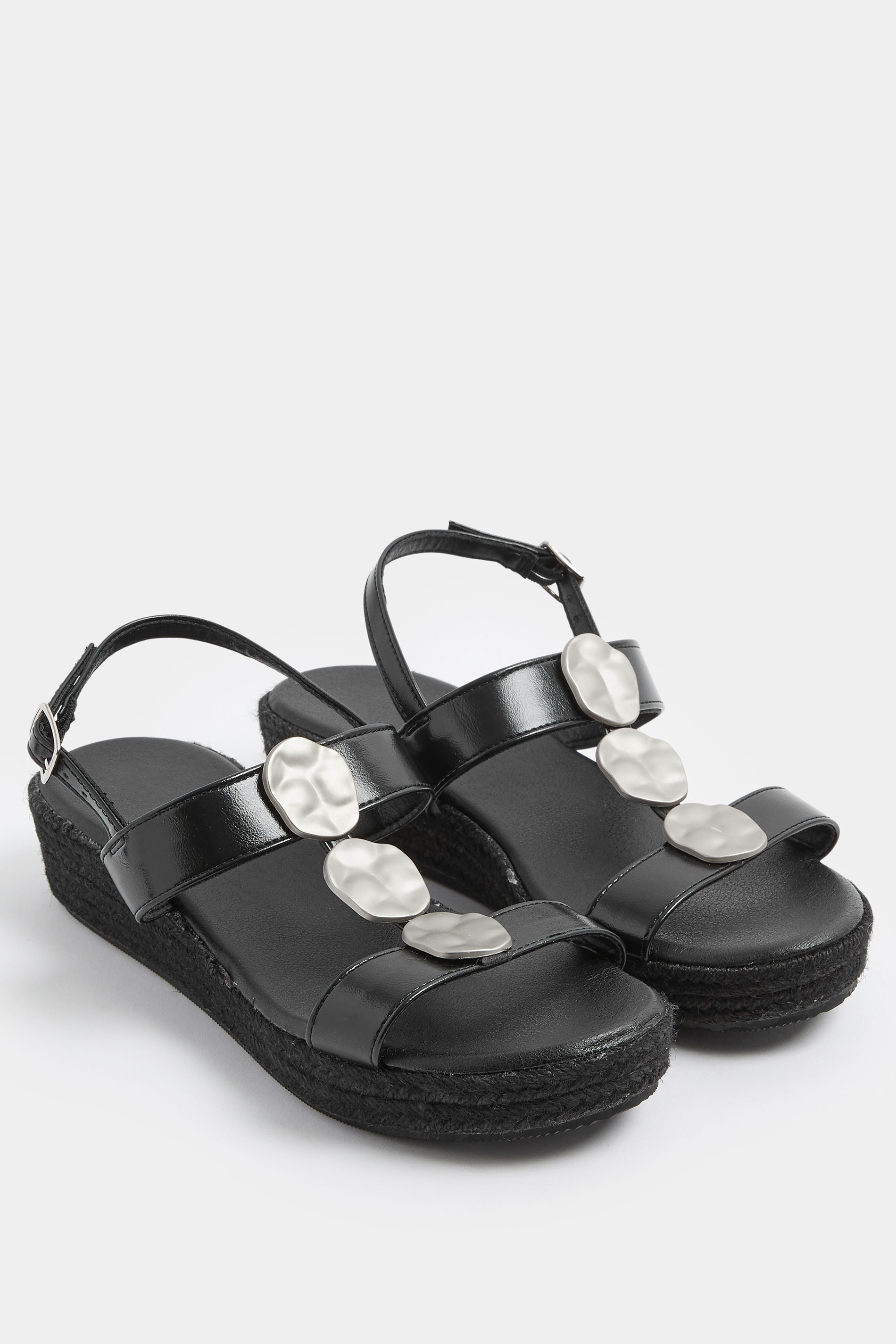 Black Hammered Disk Wedge Sandals In Wide E Fit | Yours Clothing 1