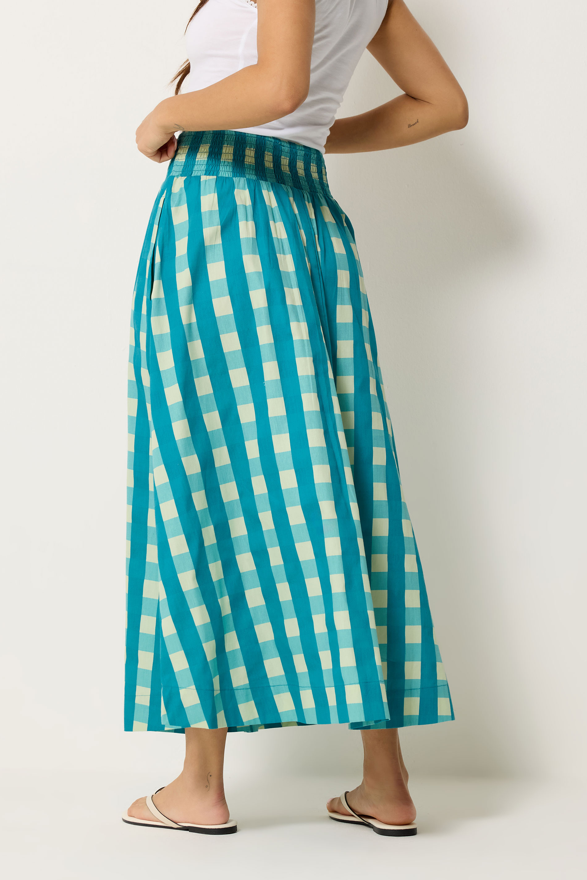 PixieGirl Petite Women's Teal Green Check Cotton Shirred Midi Skirt | PixieGirl 2