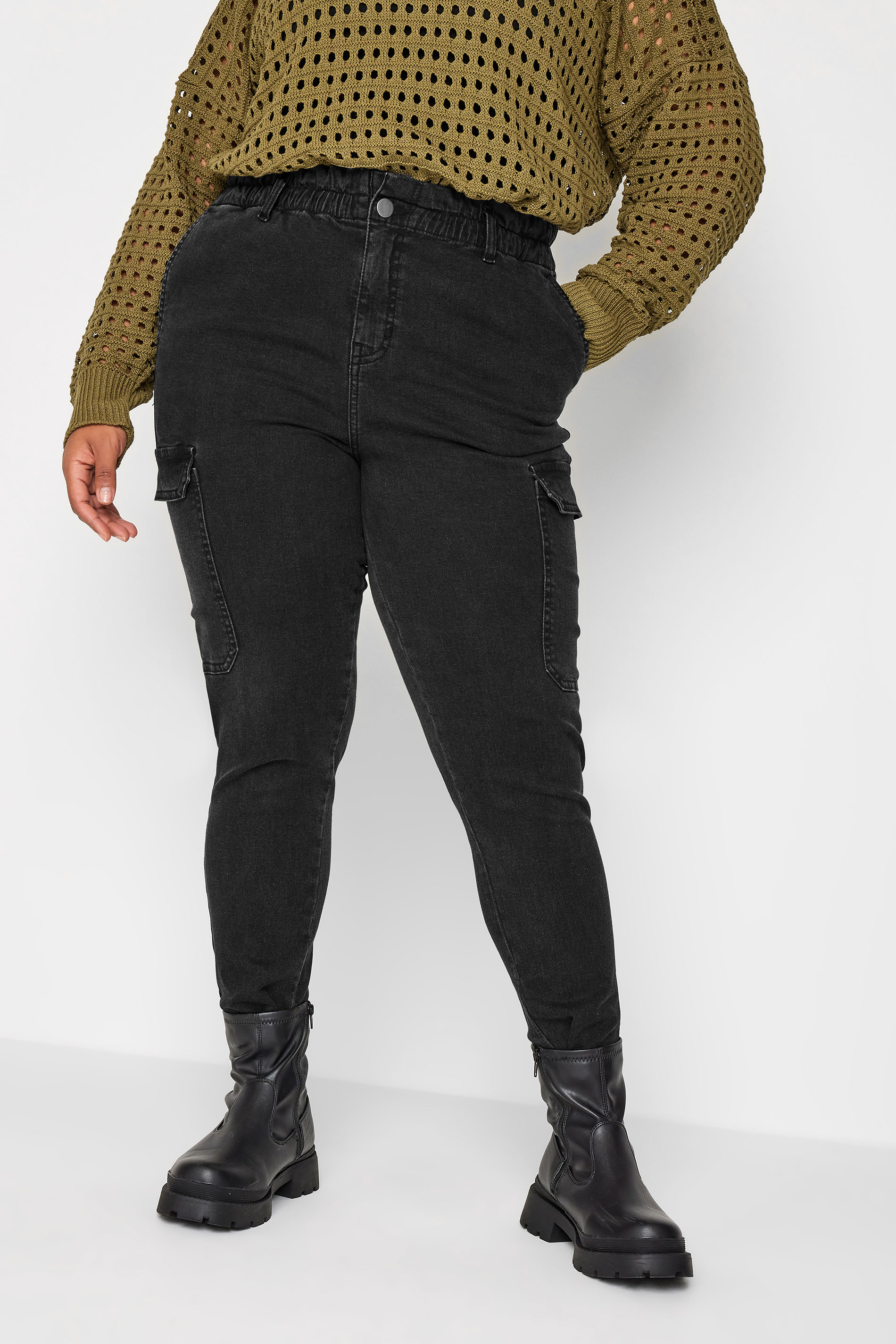YOURS Curve Plus Size Black Cargo Mom Jeans | Yours Clothing  2