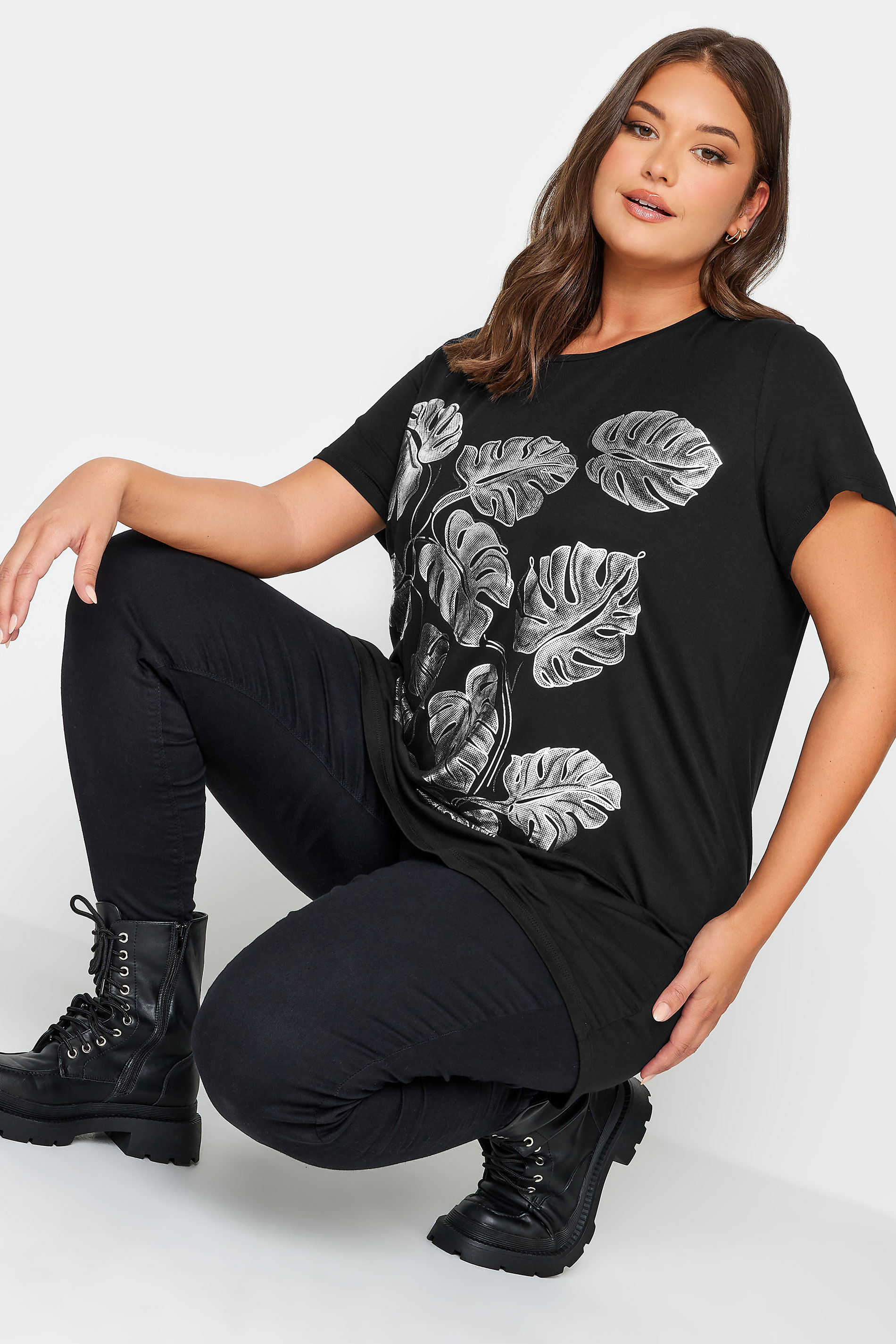 YOURS Plus Size Curve Black Foil Printed T-Shirt | Yours Clothing 2