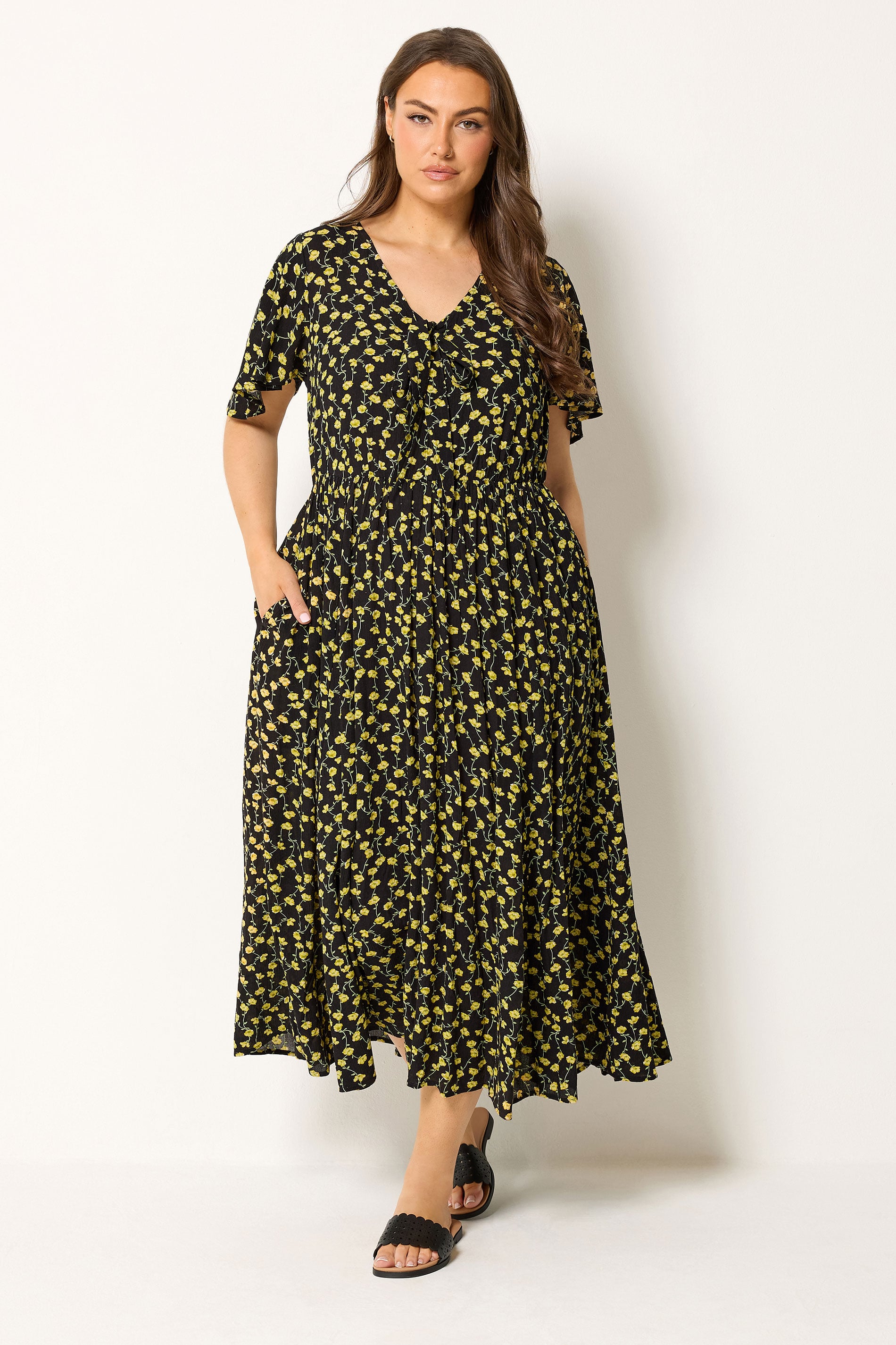YOURS Plus Size Black & Yellow Floral Crinkle Maxi Dress | Yours Clothing 1