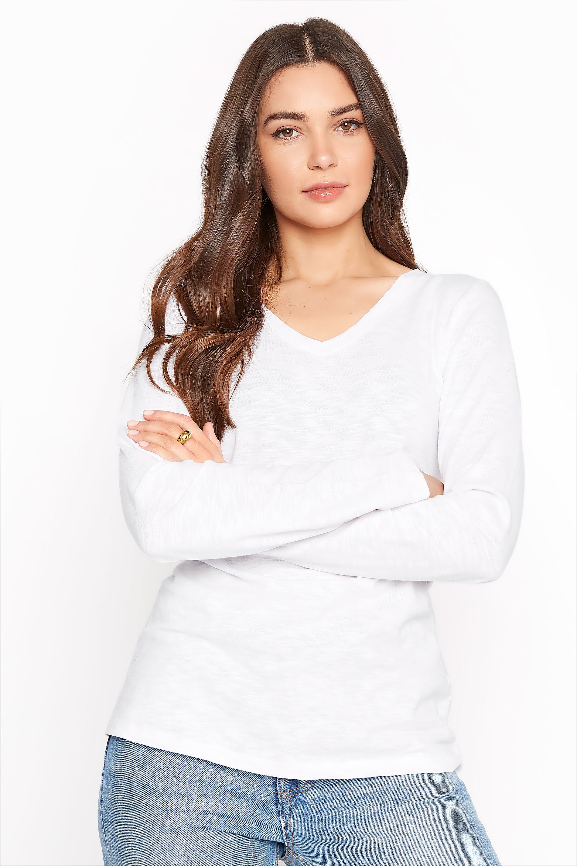 White Cotton V Neck Long Sleeve Top Long Tall Sally