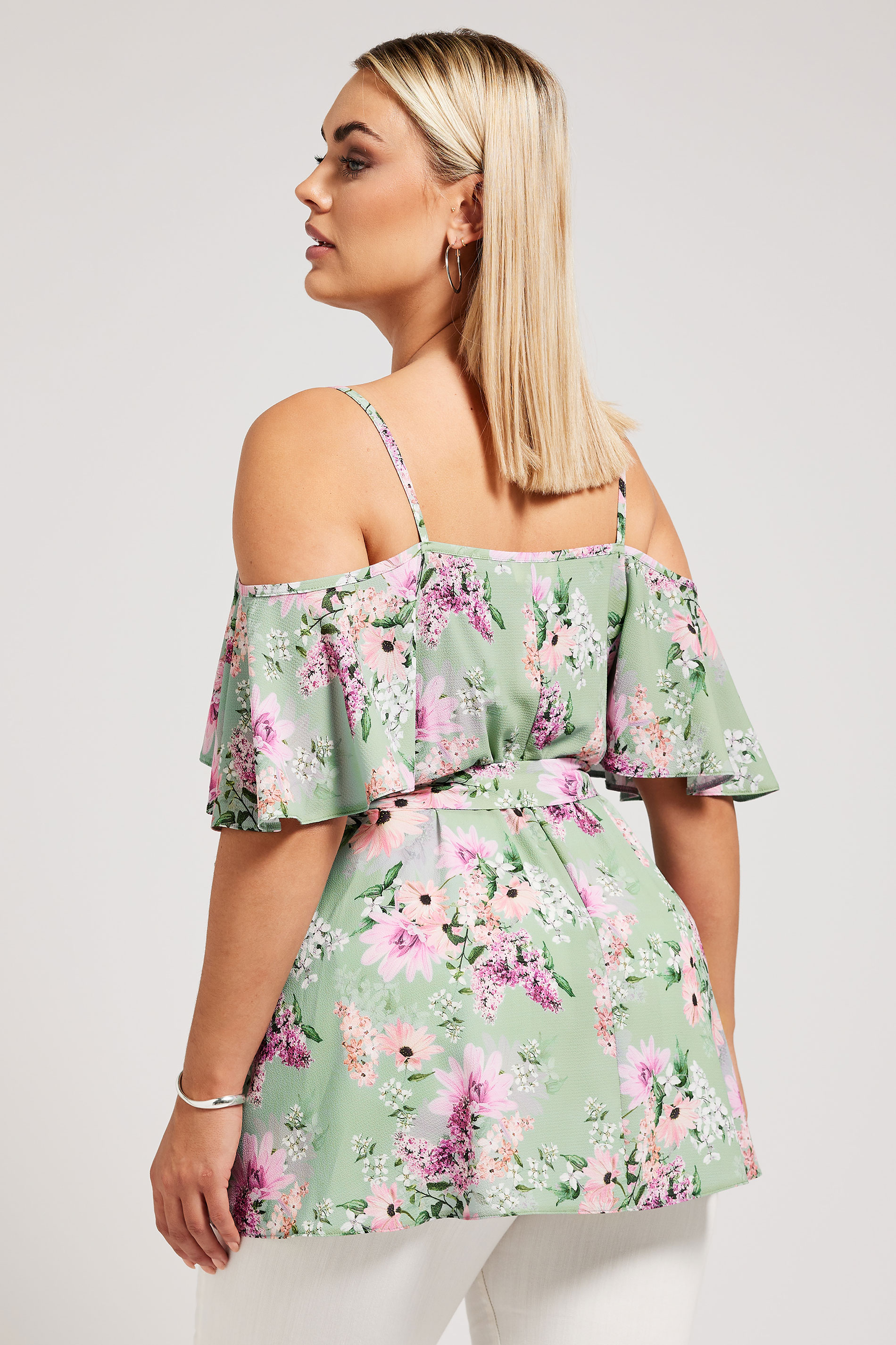 YOURS LONDON Plus Size Green Floral Print Cold Shoulder Top | Yours Clothing 3