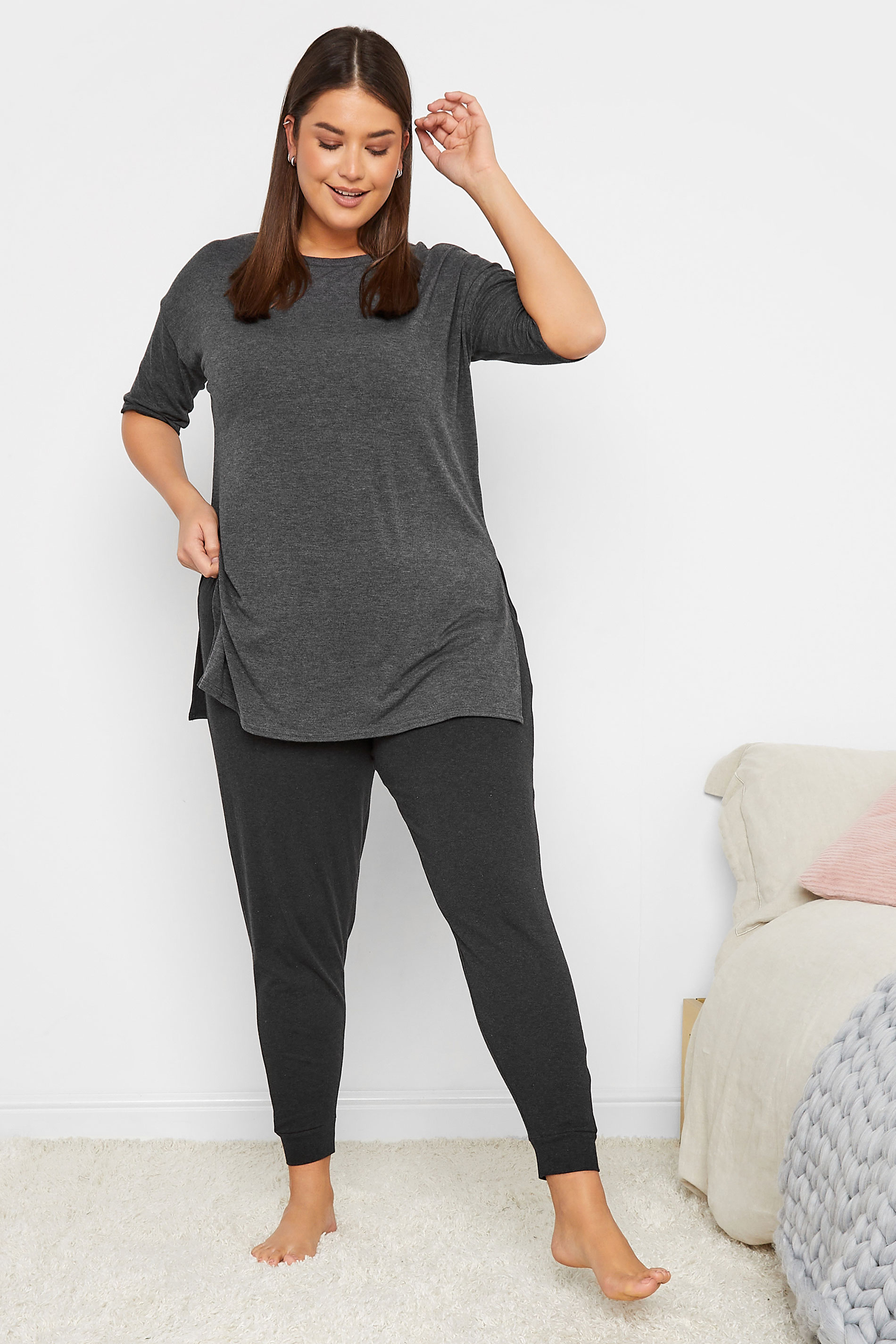2 PACK Plus Size Black & Grey Cuffed Pyjama Bottoms | Yours Clothing 3