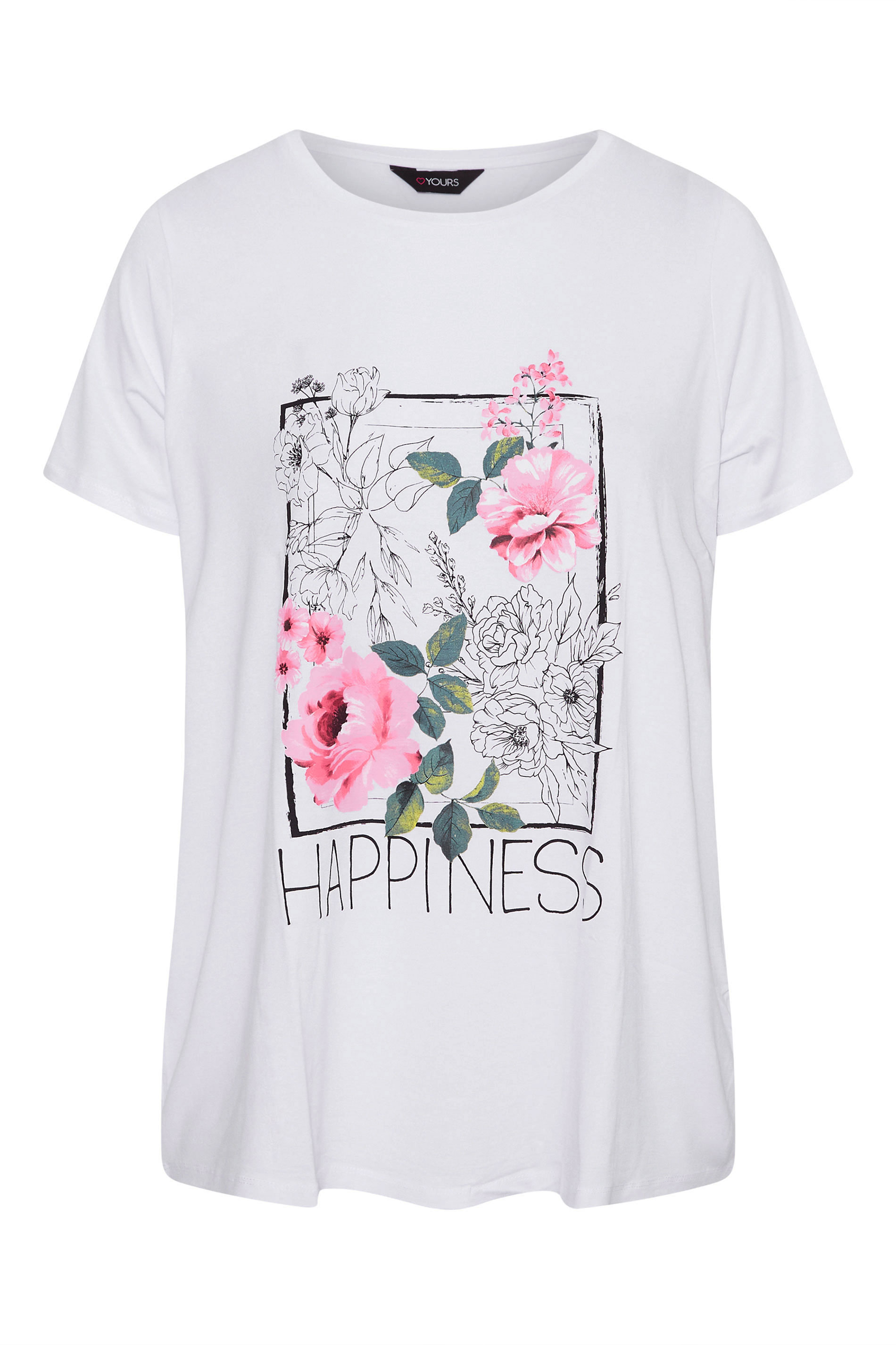 Grande taille  Tops Grande taille  Tops à Slogans | T-Shirt Blanc Floral Slogan Happiness - BA19584