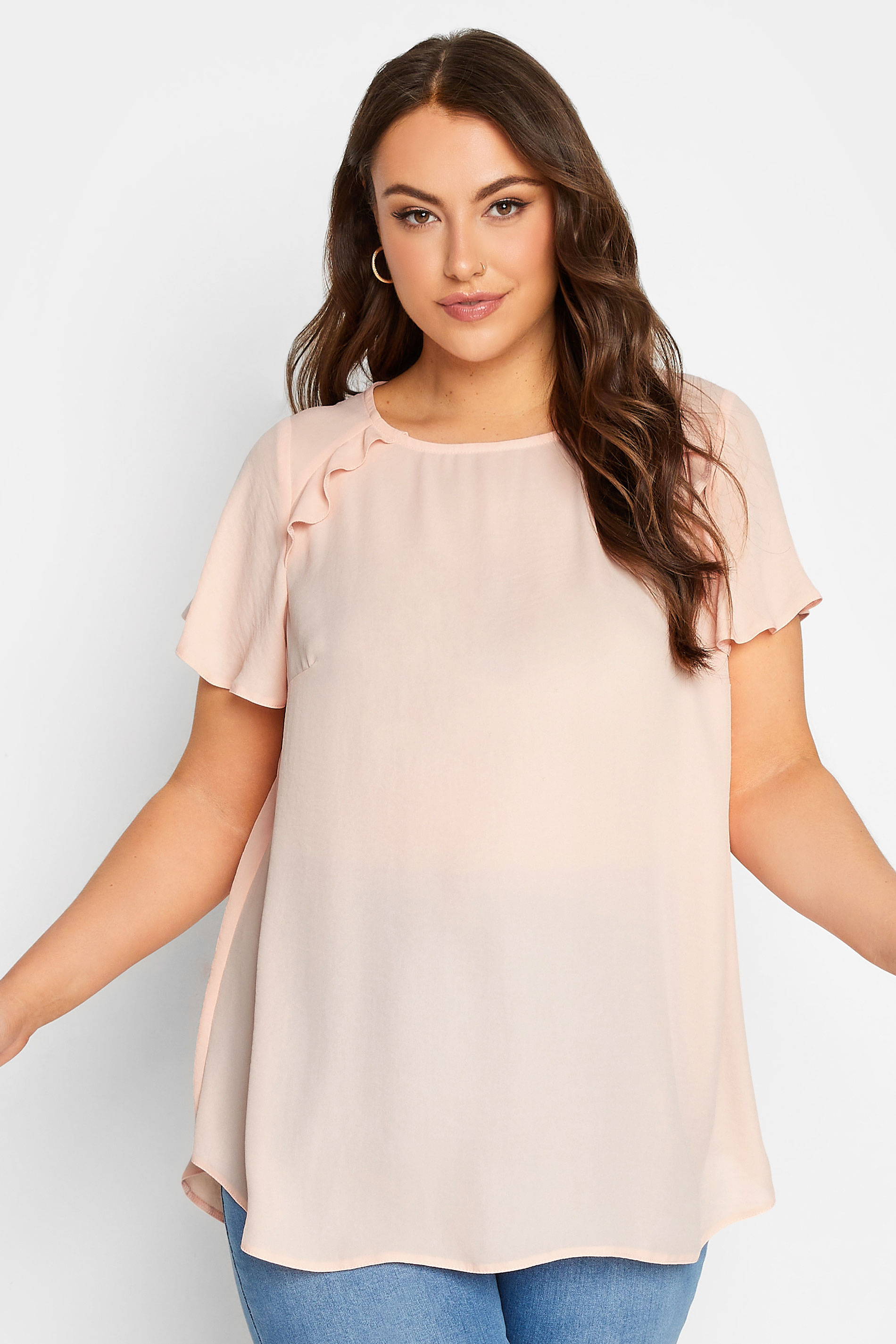 YOURS Plus Size Pink Frill Short Sleeve Blouse | Yours Clothing 1