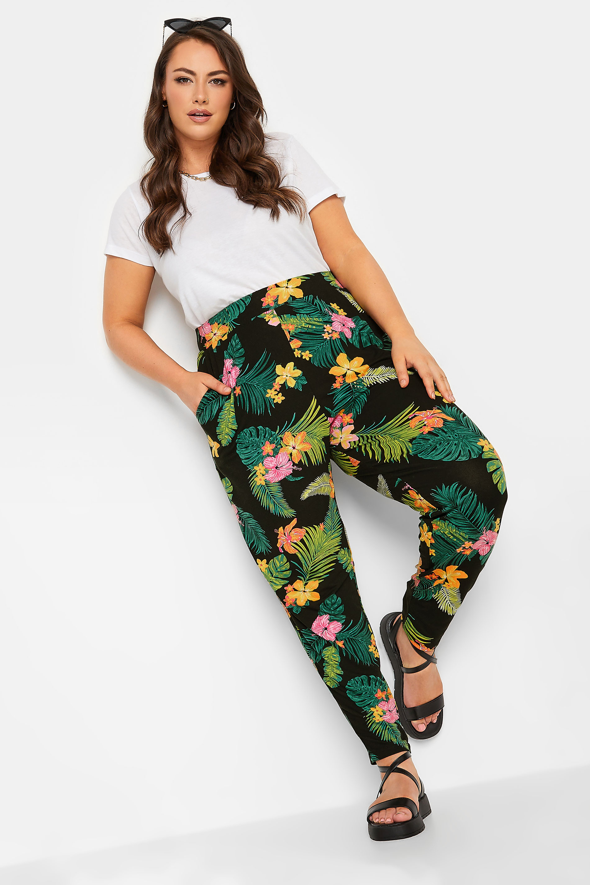 YOURS Plus Size Black Tropical Print Double Pleat Harem Trousers | Yours Clothing 2
