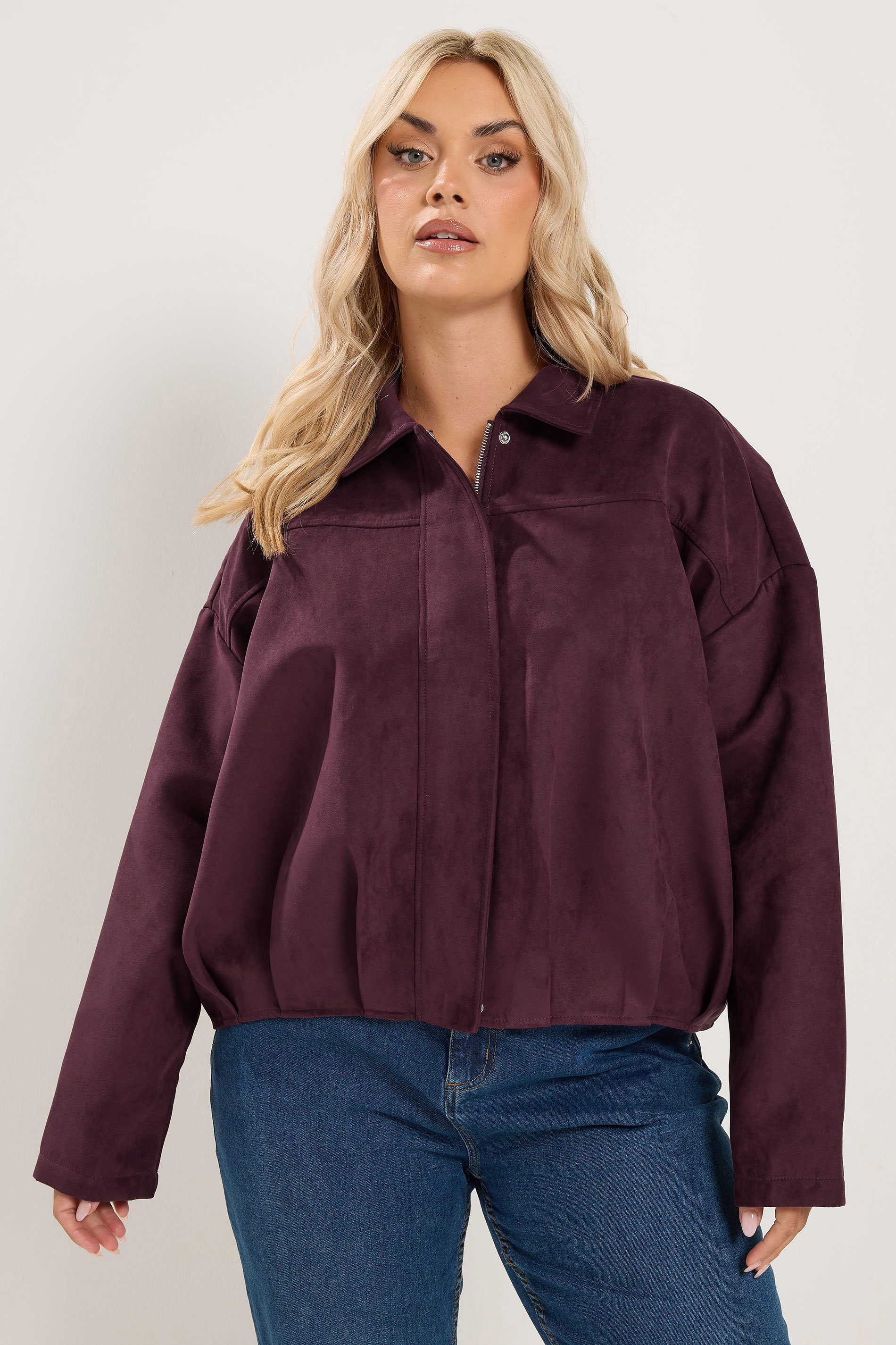 YOURS Plus Size Purple Faux Suede Bomber Jacket | Yours Clothing 1