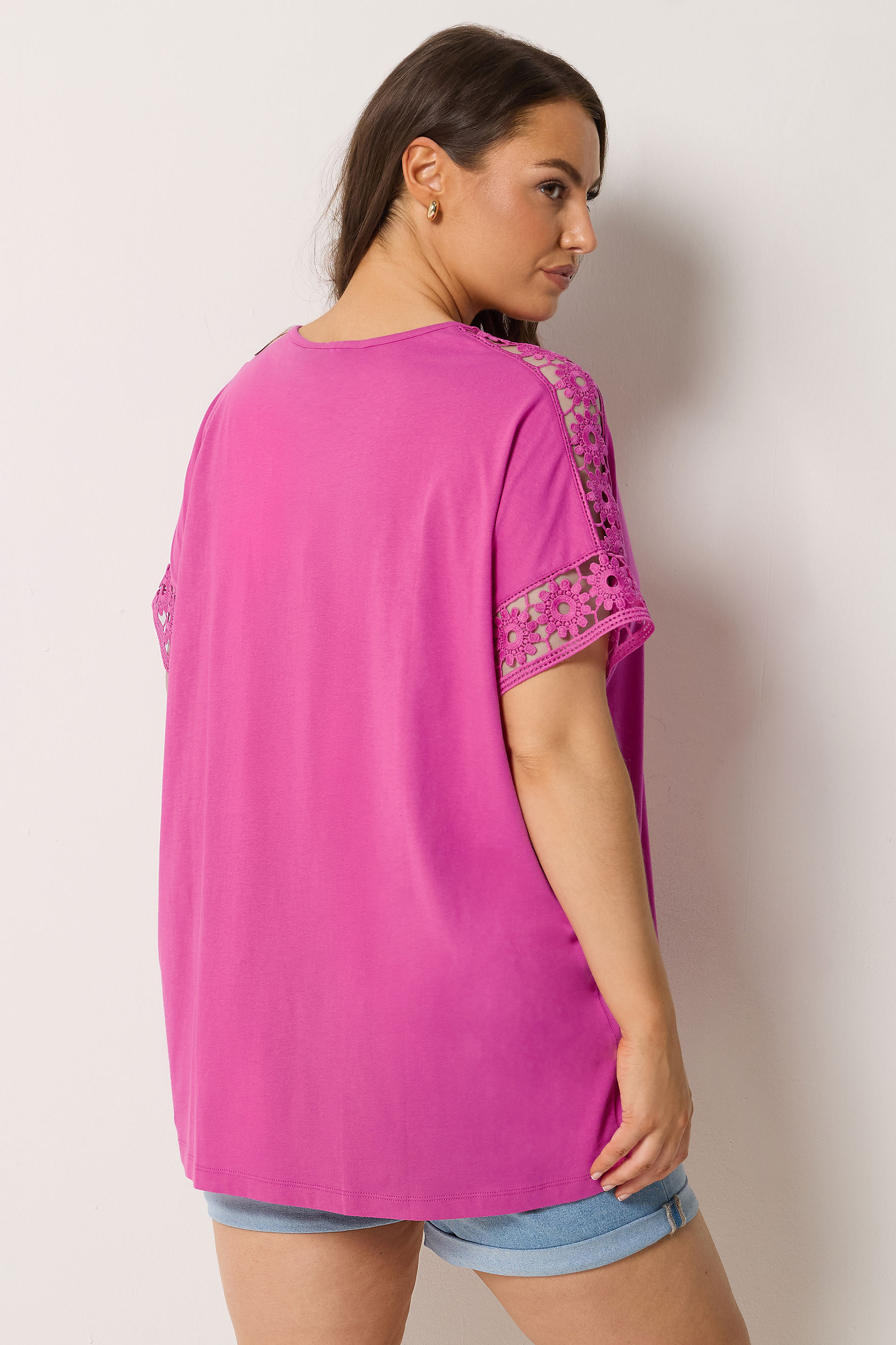 YOURS Curve Pink Crochet Sleeve Boxy T-Shirt | Yours Clothing 1