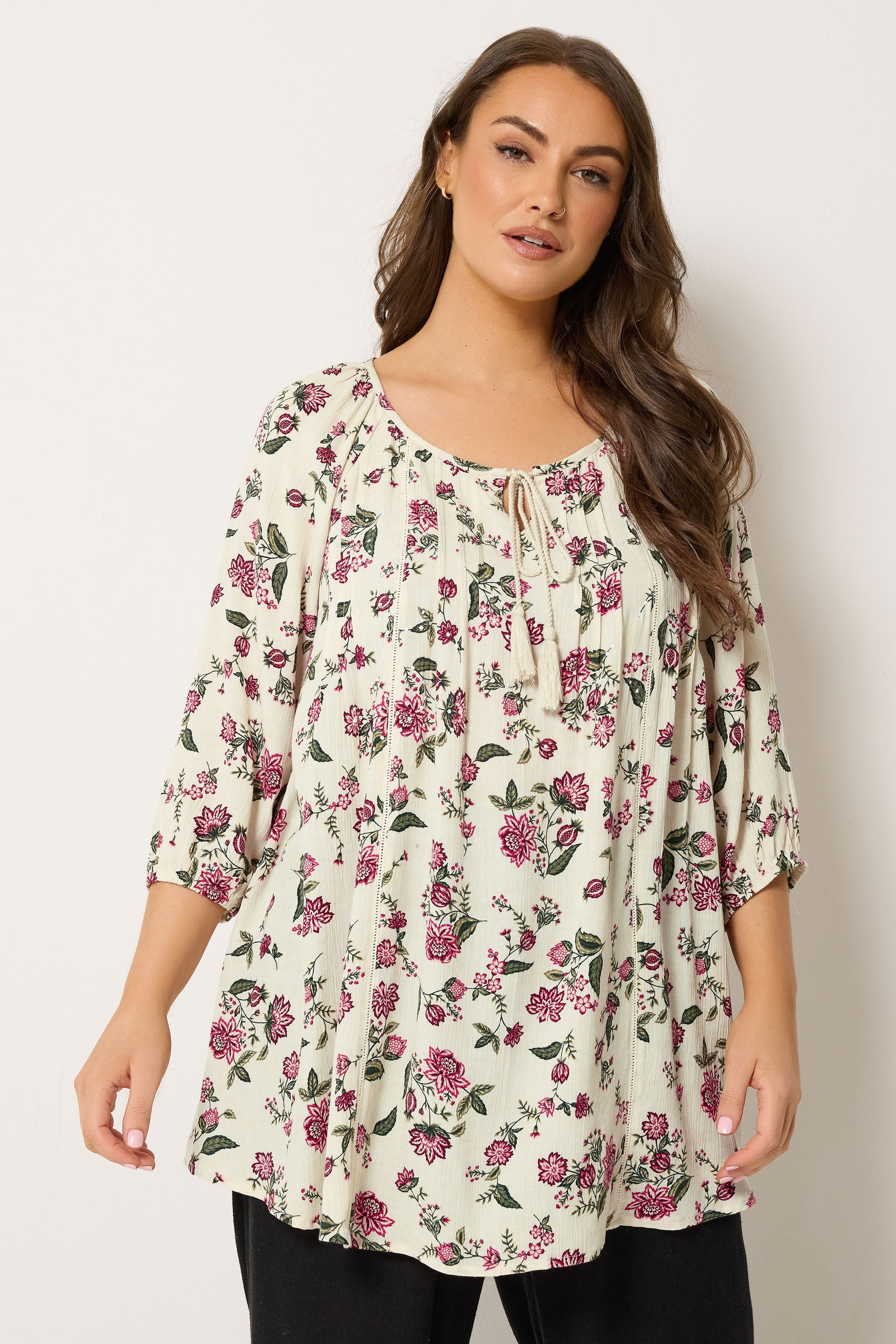 YOURS Plus Size Ivory White Floral Tie Detail Top | Yours Clothing 3