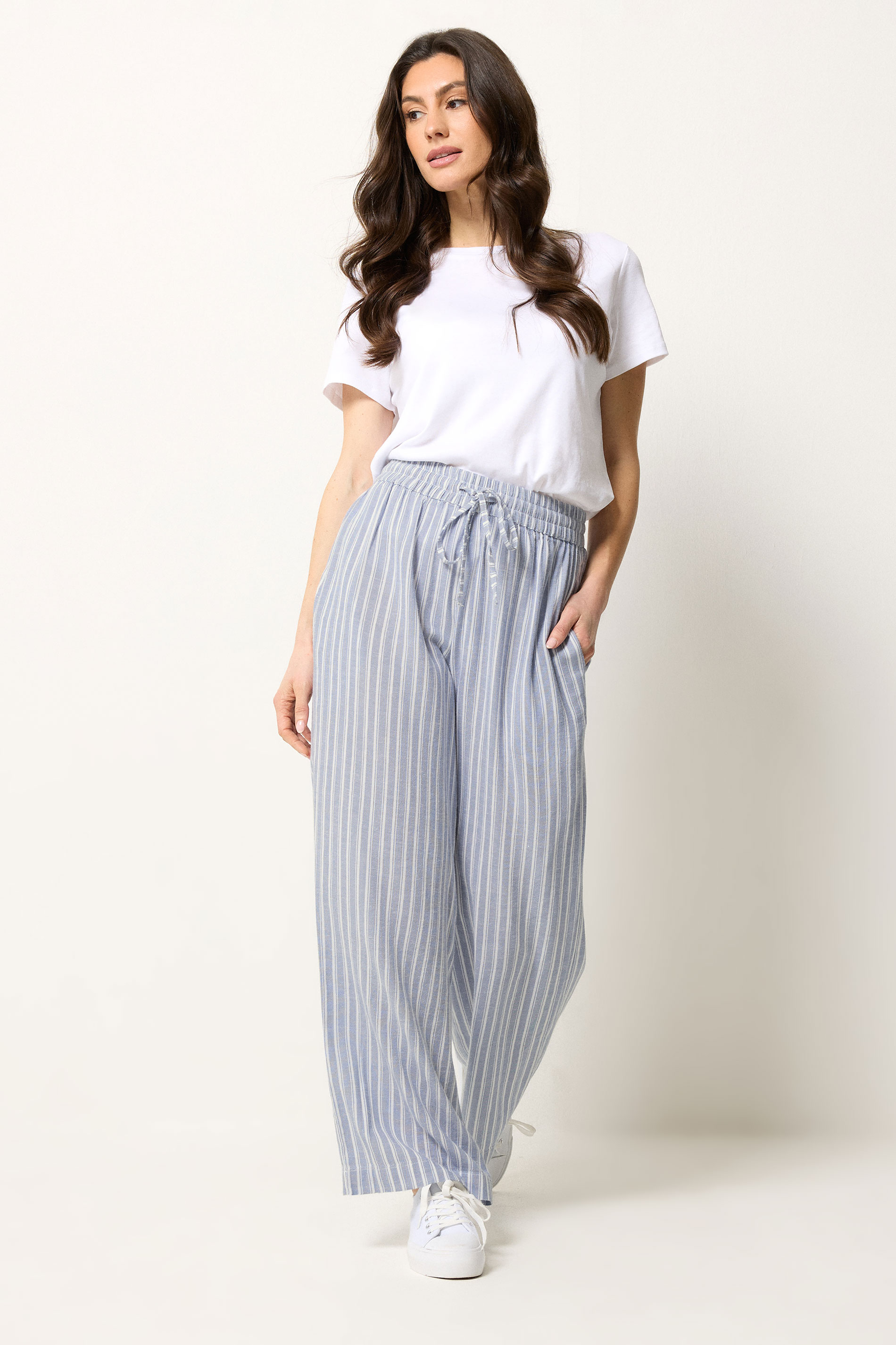 M&Co Blue Stripe Tie Waist Cotton Trousers | M&Co 2
