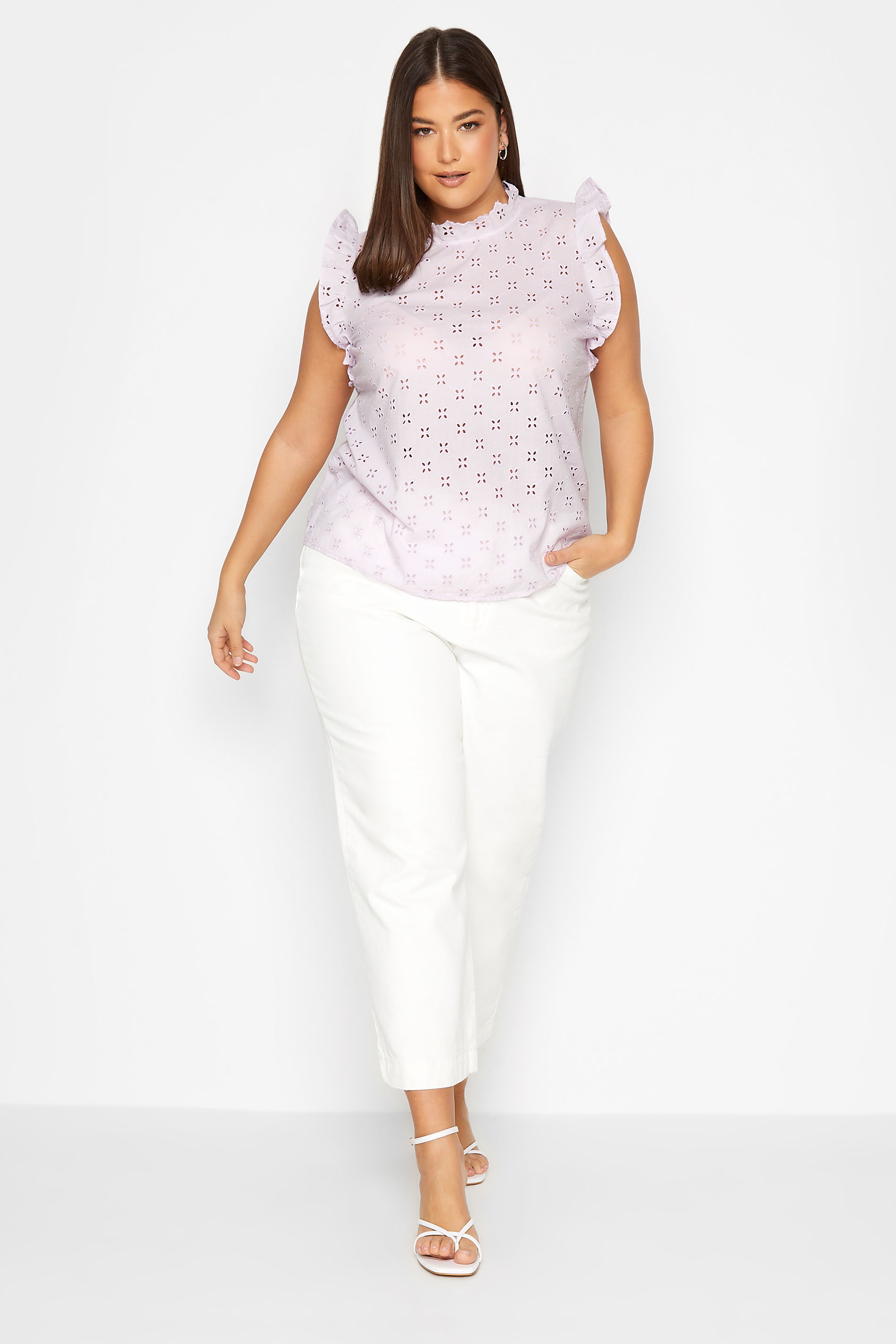 LTS Tall Lilac Purple Broderie Short Frill Sleeve High Neck Shirt | Long Tall Sally 2