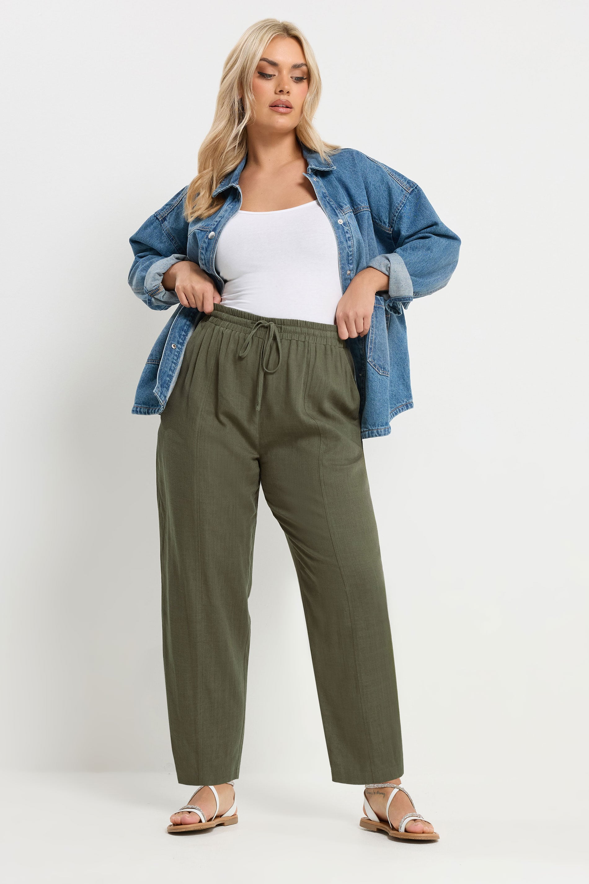 YOURS Plus Size Olive Green Barrel Leg Linen Trousers | Yours Clothing 2
