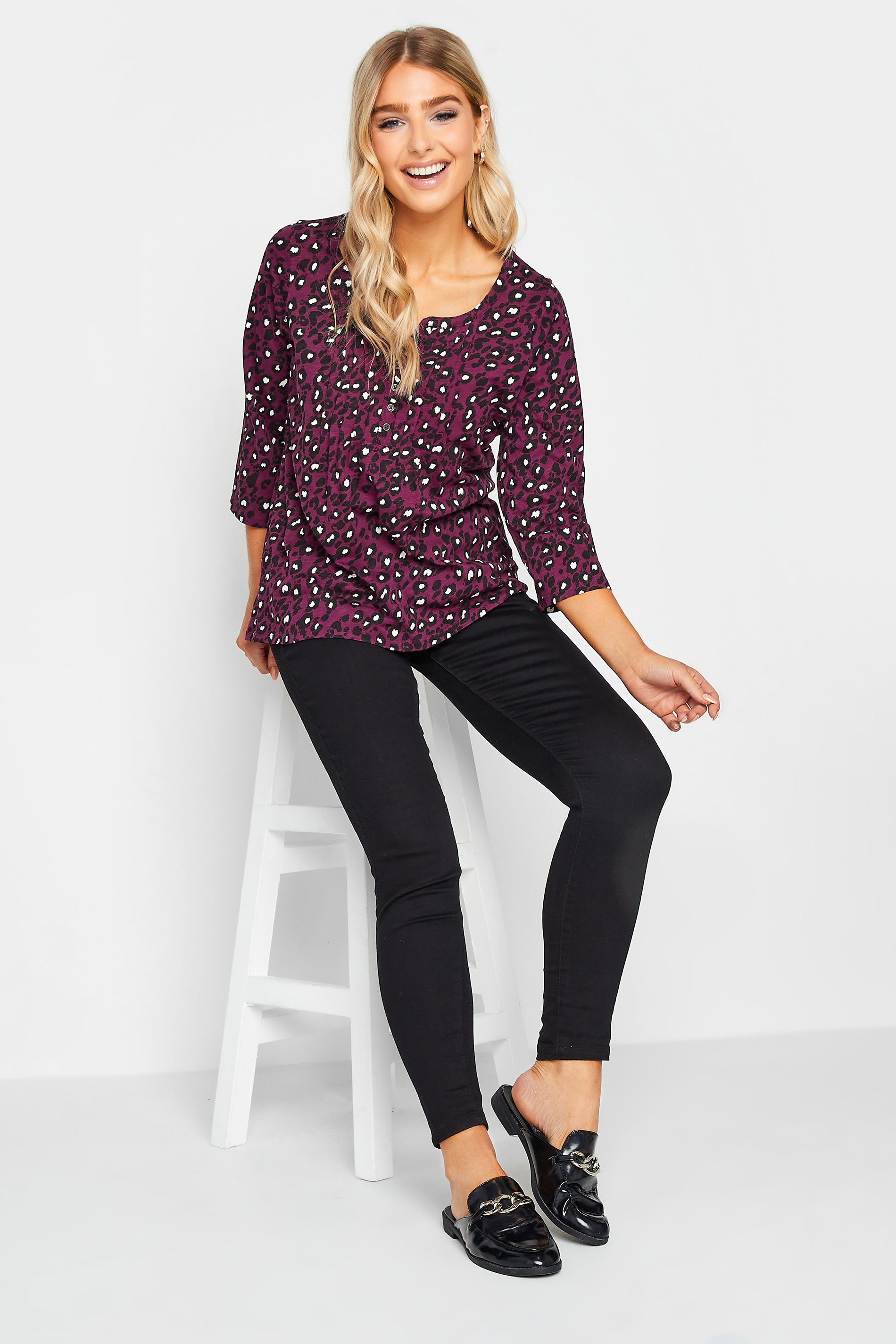 M&Co Berry Red Animal Print Henley Cotton Top | M&Co 2