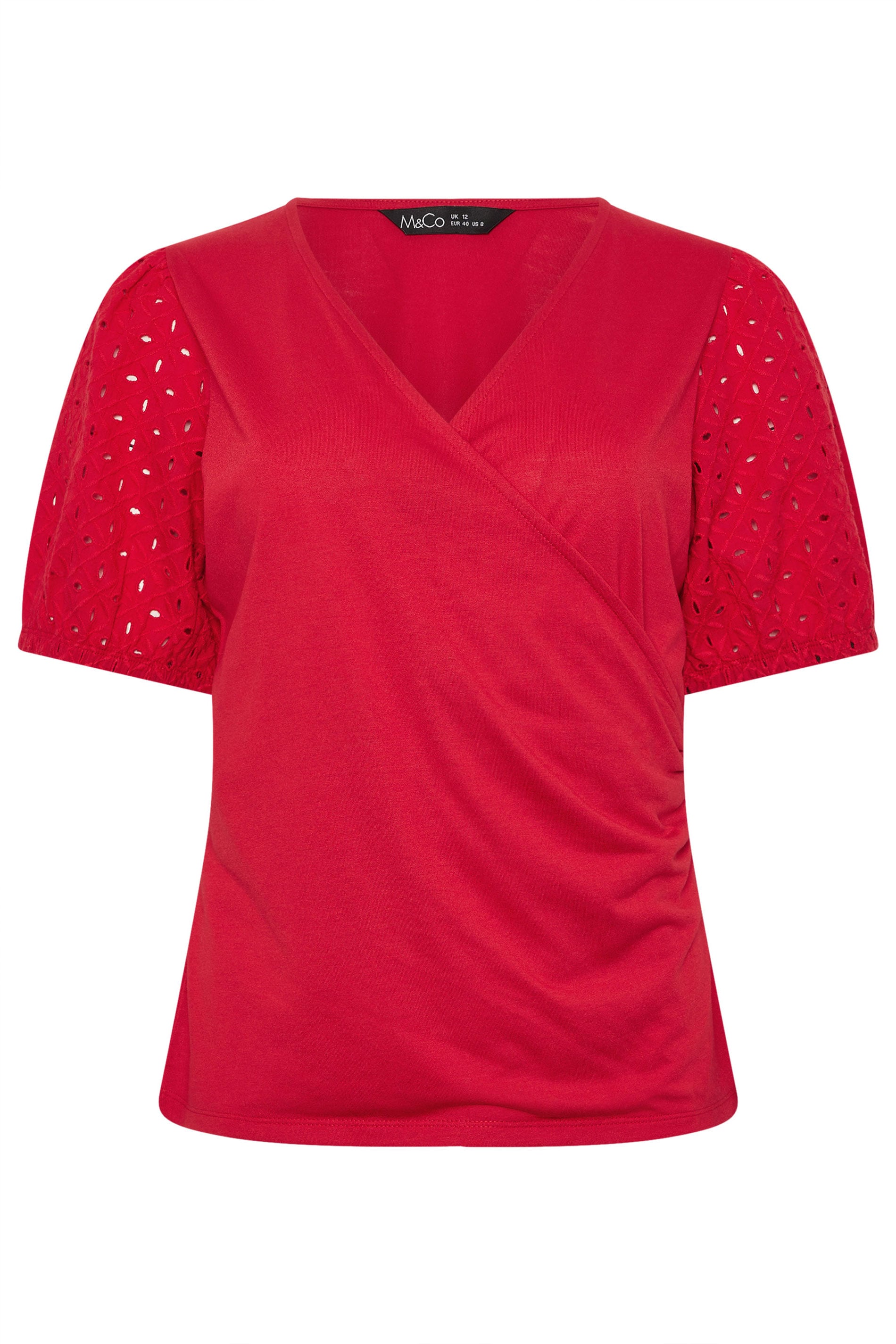 M&Co Red Broderie Sleeve Cotton Wrap Top | M&Co 5