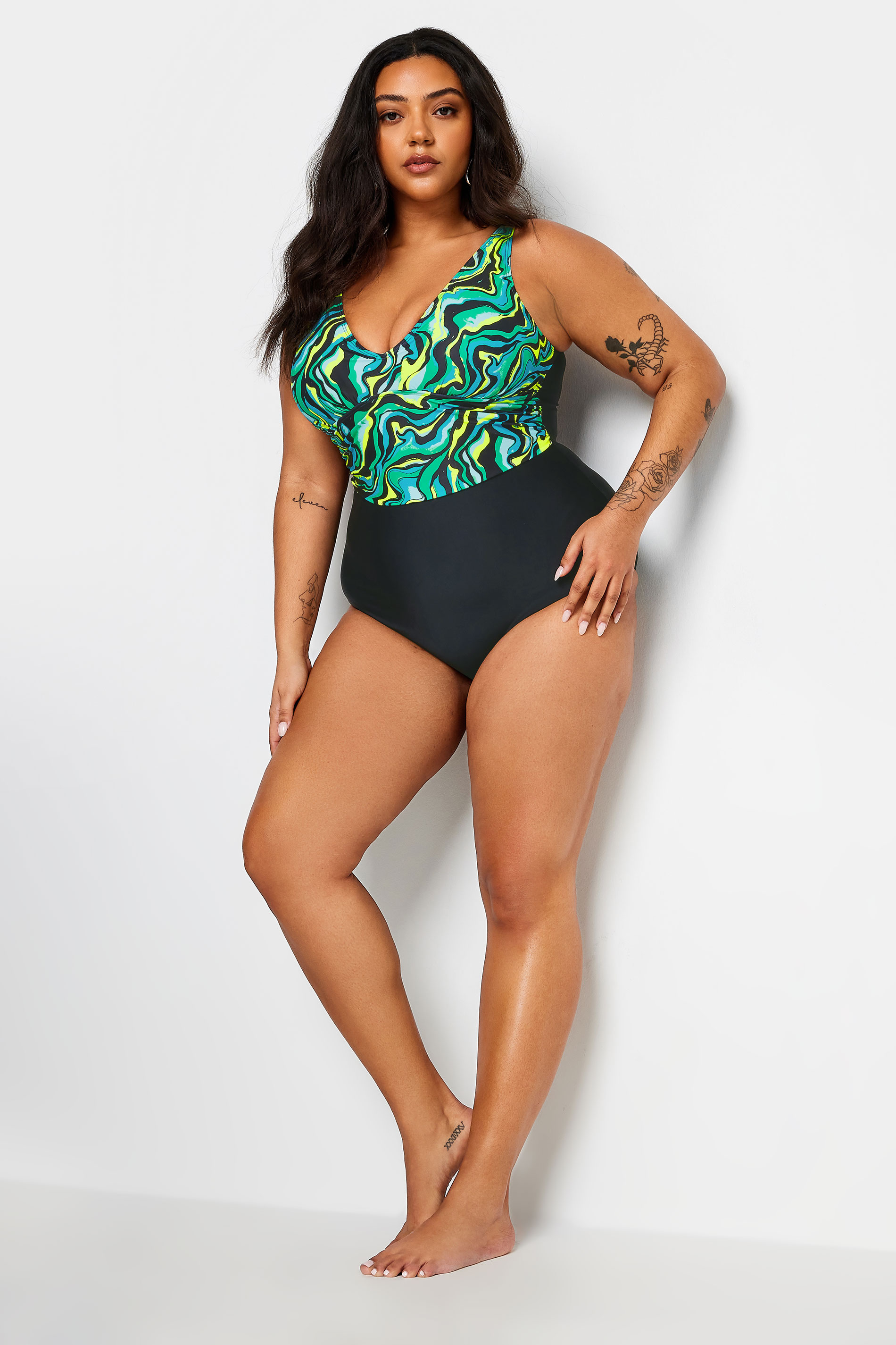 YOURS Plus Size Black Abstract Contrast Plunge Swimsuit | Yours Clothing 3