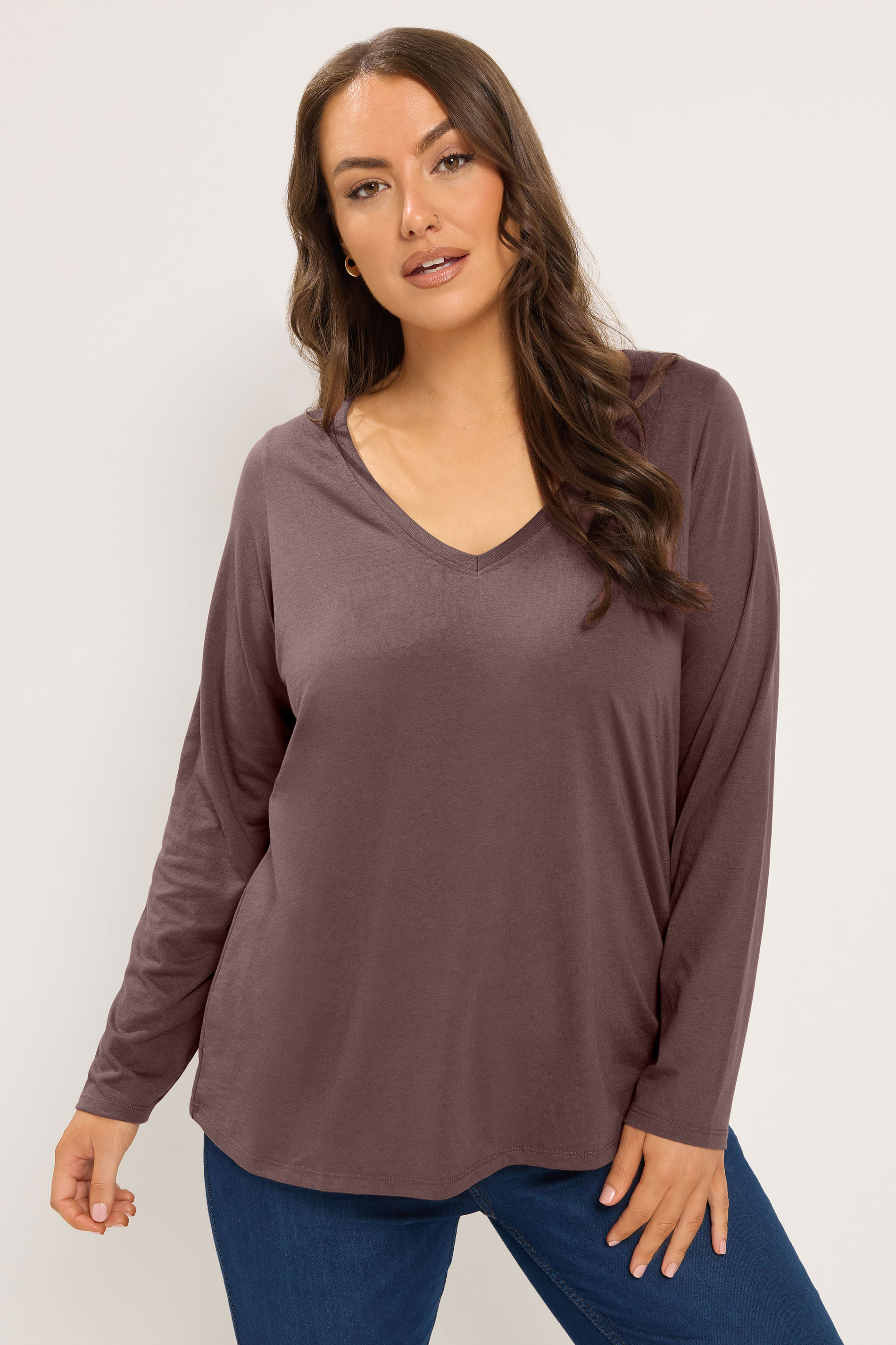 YOURS Plus Size Brown V-Neckline T-Shirt | Yours Clothing 3