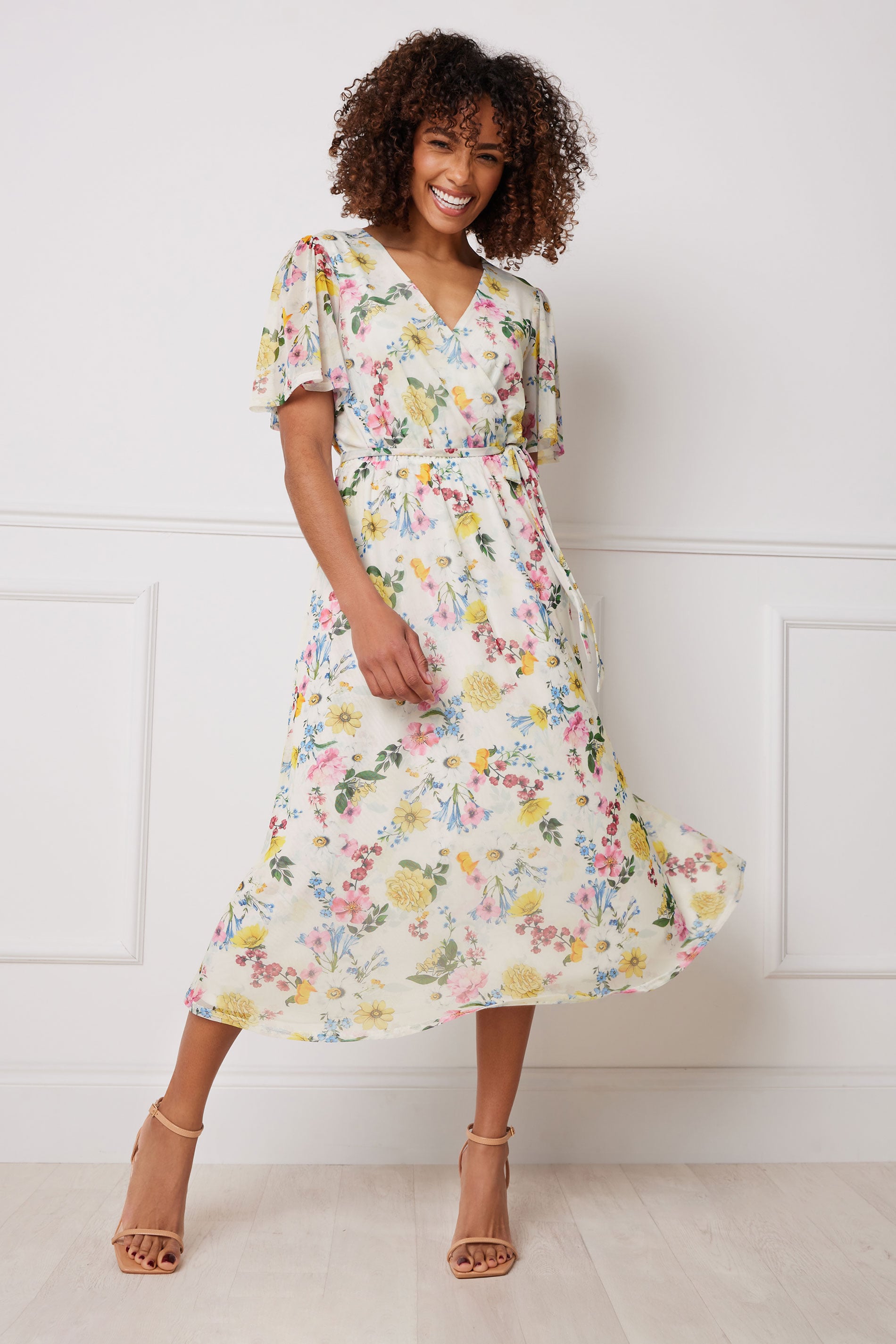 M&Co Ivory White Floral Print Wrap Midi Dress | M&Co 3