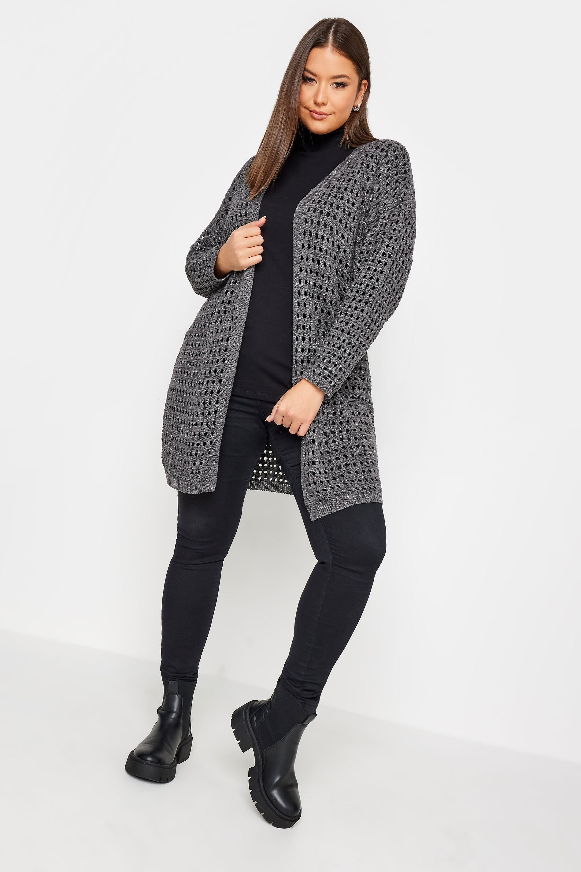 YOURS Plus Size Grey Metallic Crochet Cardigan | Yours Clothing 2