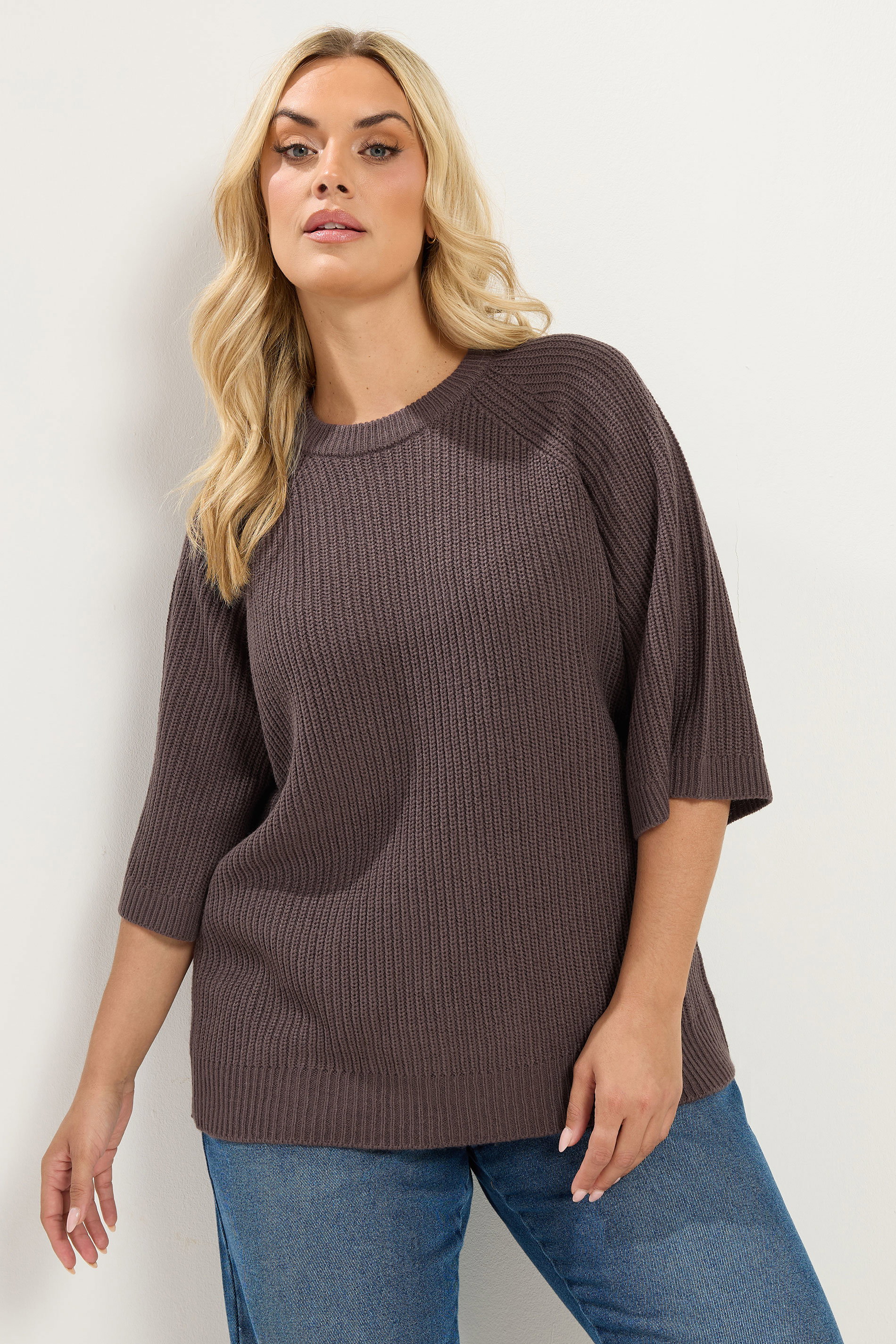 YOURS Plus Size Chocolate Brown Crew Neck Knitted Jumper | Yours Clothing 1