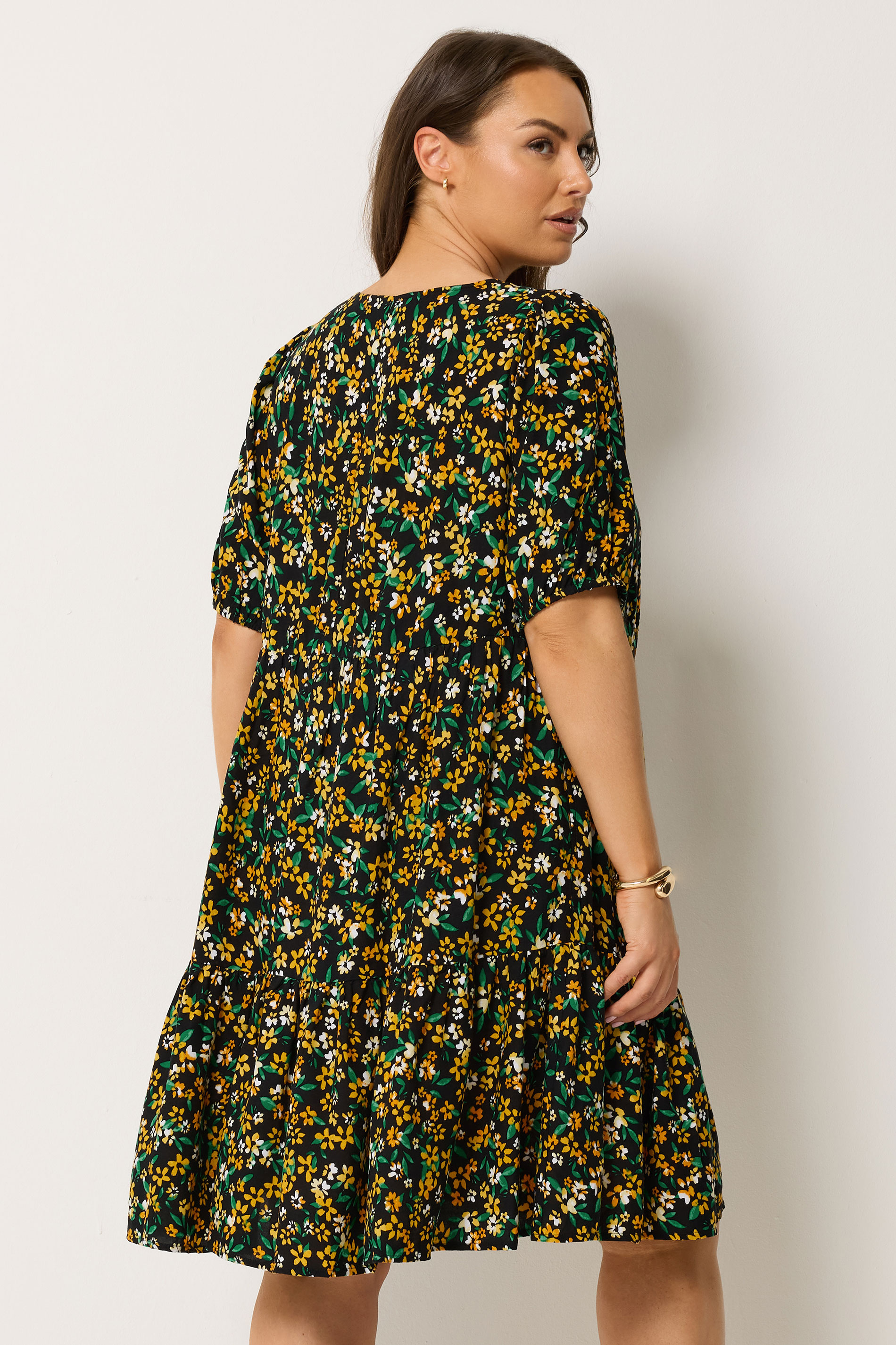 YOURS Plus Size Black Floral Tiered Mini Smock Dress | Yours Clothing 2