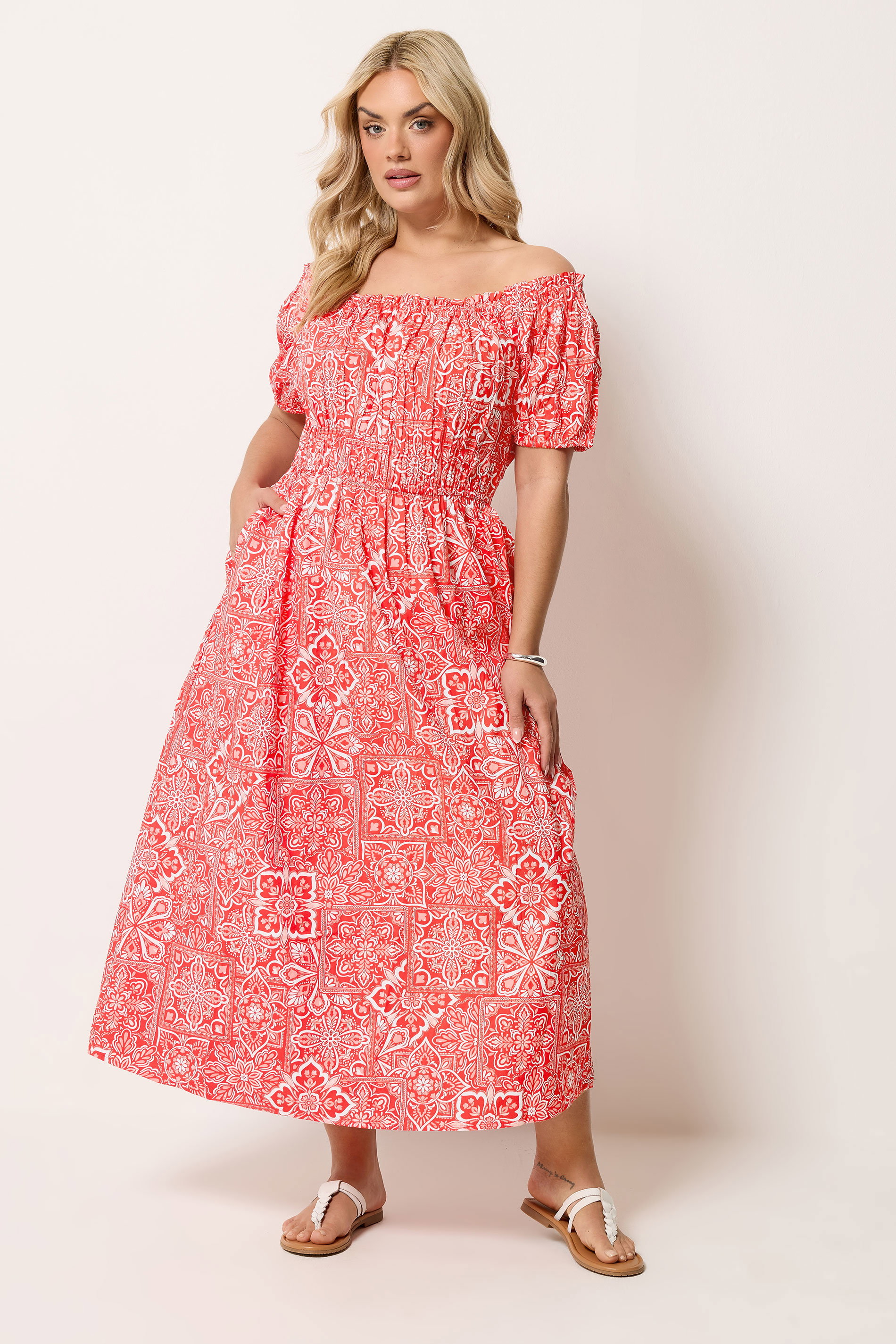 YOURS Plus Size Red Paisley Poplin Bardot Dress | Yours Clothing 3