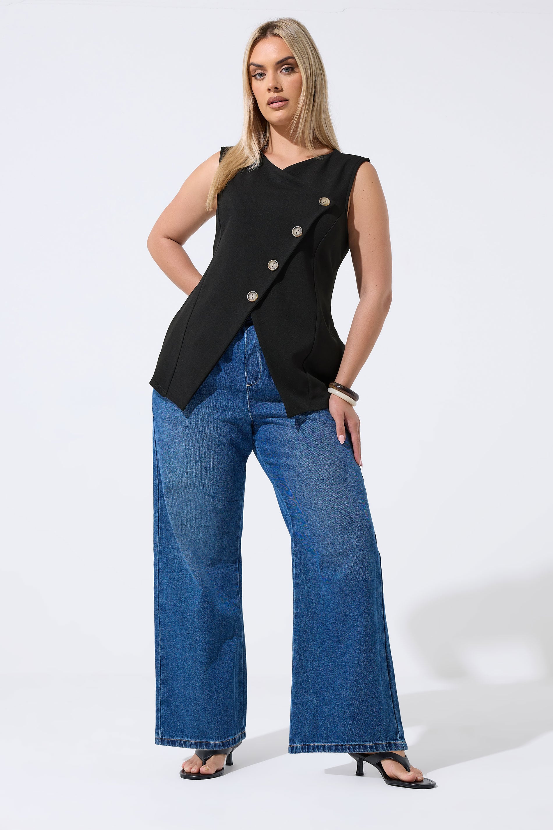 YOURS Plus Size Black Asymmetric Button Waistcoat | Yours Clothing 1